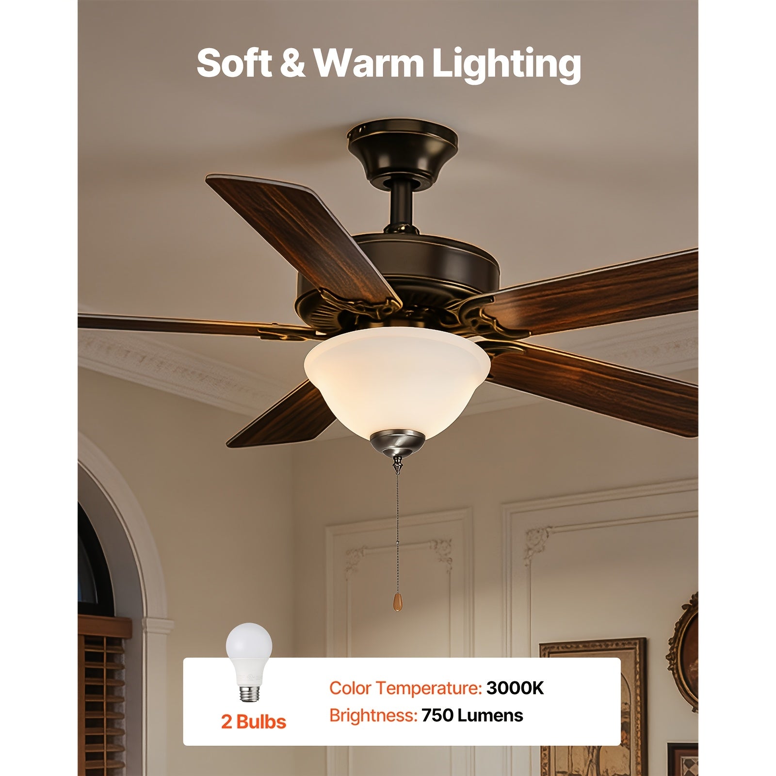 Ceiling Fan Light 1Pc Bowl Shape Pull Chain Design 750lm 110V Plug-Free S001 Available for All Stores
