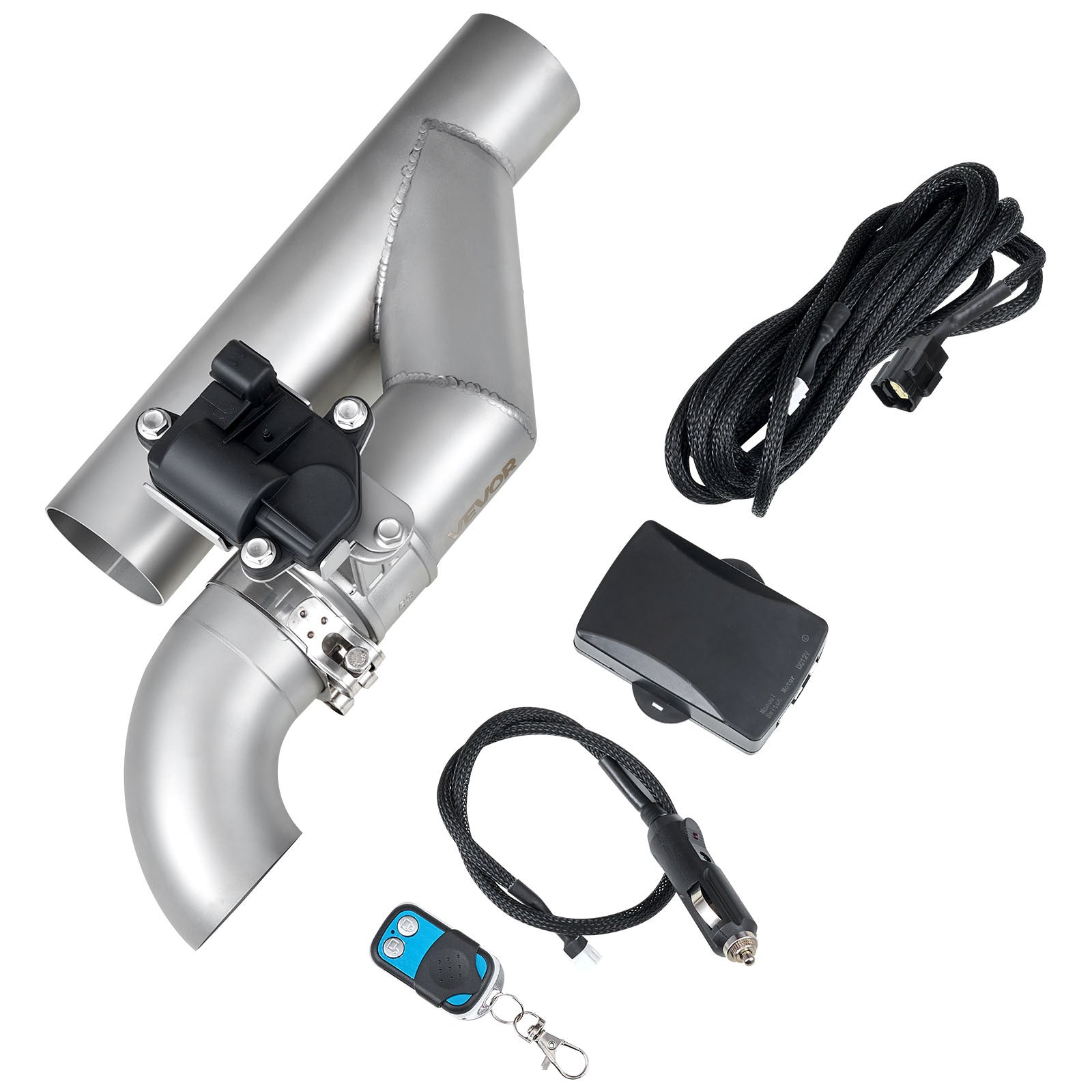 VEVOR Electric Exhaust Cutout, 2.5 Inch Universal Stainless Steel Exhaust Valve Kit with One Controller Remote Control Kit, Cutout Valve, Y-Pipe, Remote and Box, Suitable for Trucks, Sedans, Sports Cars, SUVs