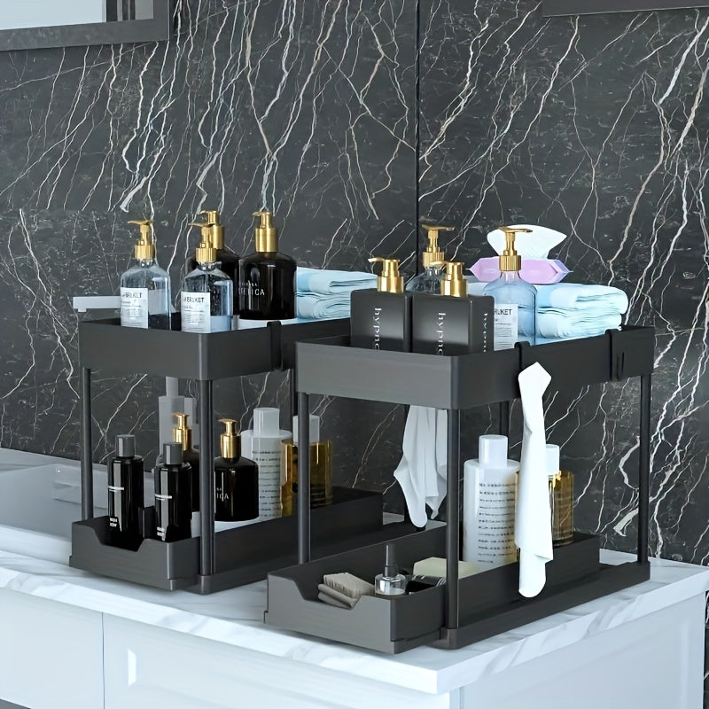 Multi-functional Pull-out Under Sink Organizer and Storage, Suitable for Bathroom & Kitchen, 2-Tier Sliding Cabinet Basket, Bathroom Cabinet Storage Box with Hooks, Storage Cup, Home Kitchen Accessories