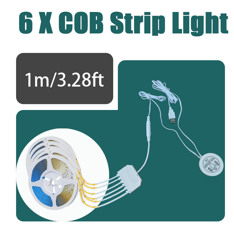 8mm 5V COB LED灯带，长度可选39.37英寸、78.74英寸或3米，配备USB接口、可调光触摸传感器和暖白光。这款无点可裁剪灯带非常适合用于厨房橱柜、衣柜、鞋架和卧室装饰