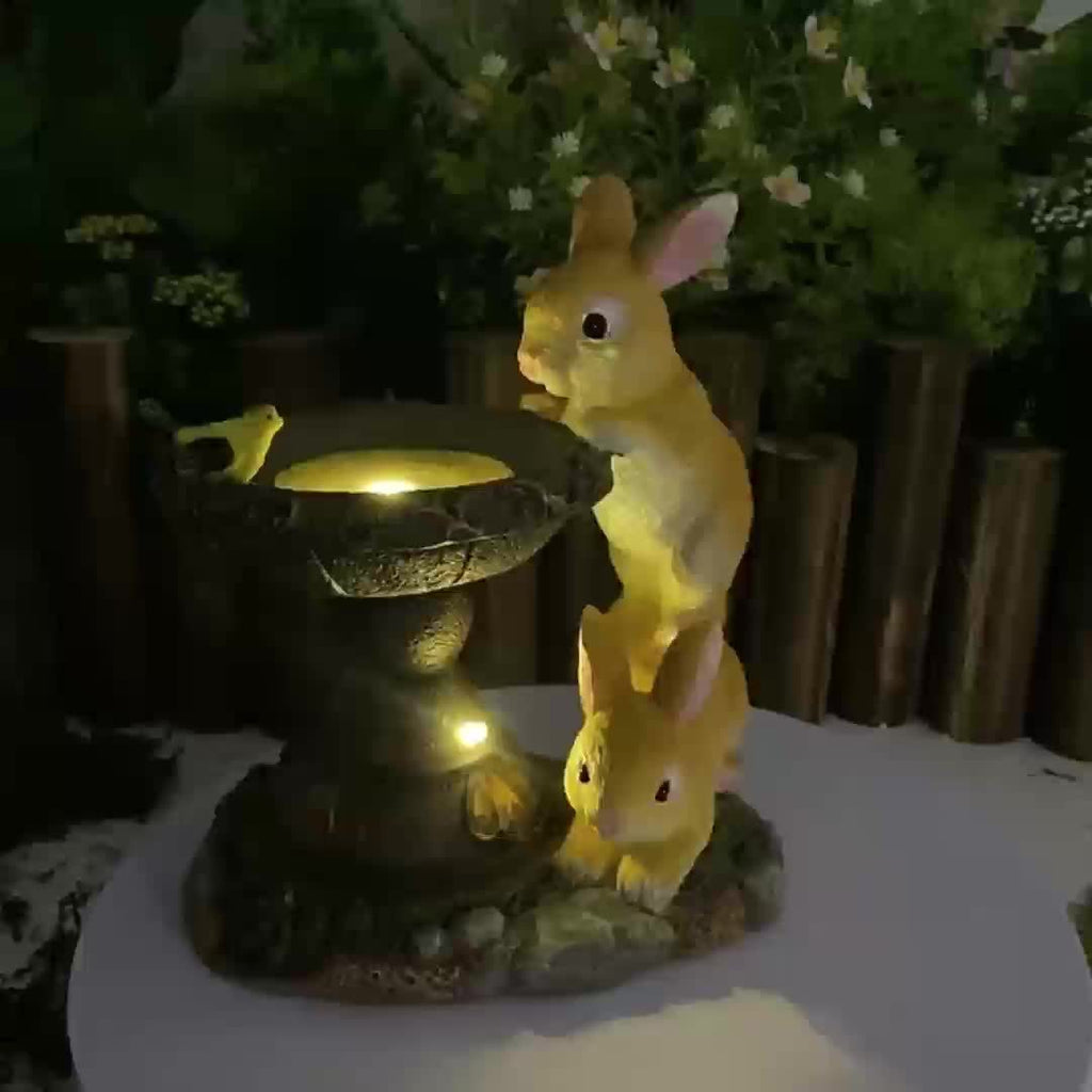 Outdoor Solar Light Creative Double Rabbit Drinking Water Ornament Resin Craft Garden Courtyard Light Balcony Animal Decoration Suitable for Porch, Courtyard and Gardening Decoration, Ideal Gift for Women and Grandmothers