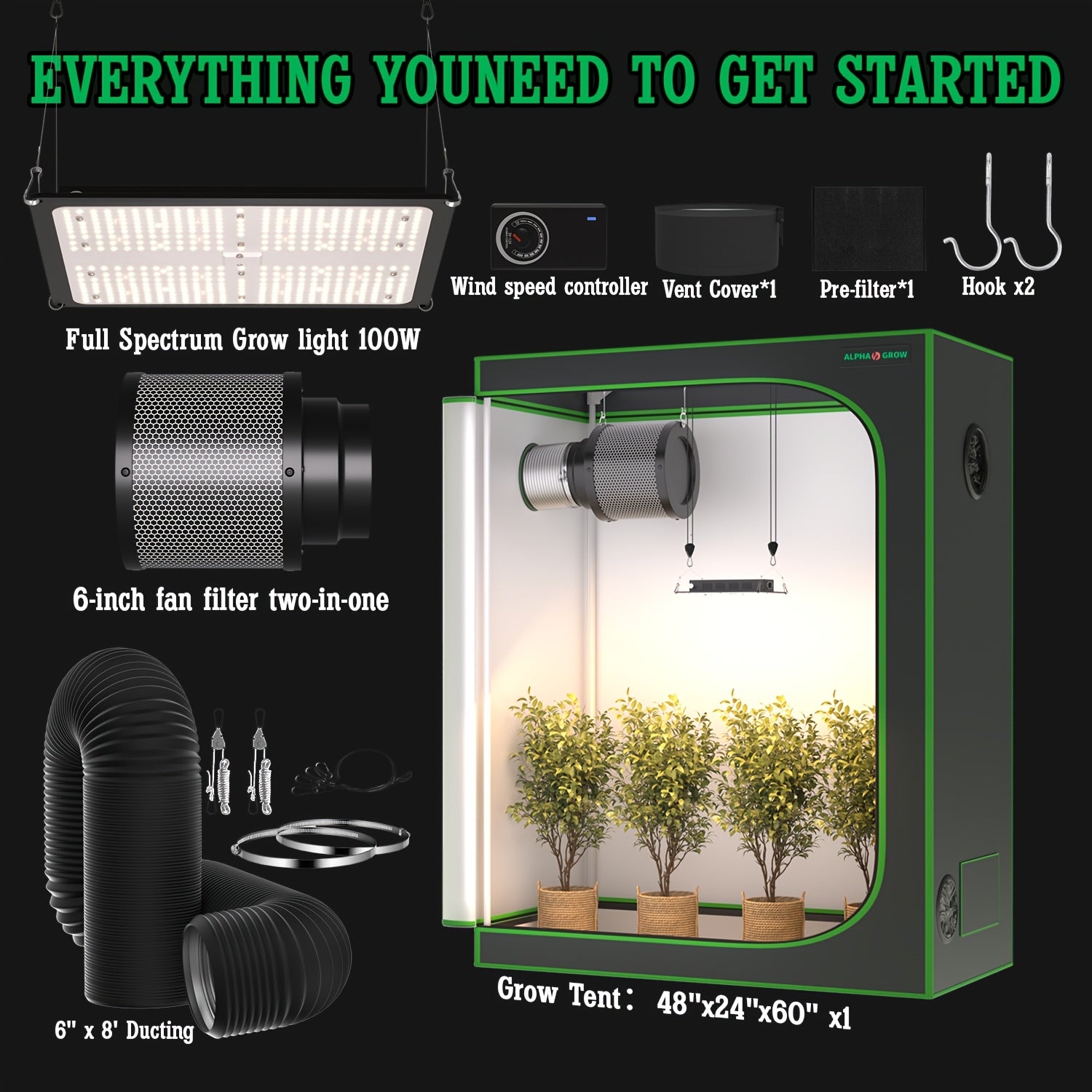 1800D Material 48x24x60 Inch (≈4x2 Ft) Hydroponic Grow Tent, Optional Accessory Kit: 100W Dimmable LED Light, 8ft Ducting, 4"/6" Vents, Optional Standard Independent Fan & Filter Combo or New Integrated Fan-Filter Unit