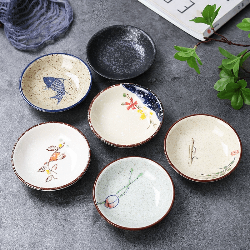 6-Piece Japanese Vintage Ceramic Small Plate Set – Round Porcelain Seasoning Dish, Sauce Dish, Snack Plate – Hot Pot Condiment Tray Set – Perfect for Home Kitchen, Western Restaurant Parties & Other Uses