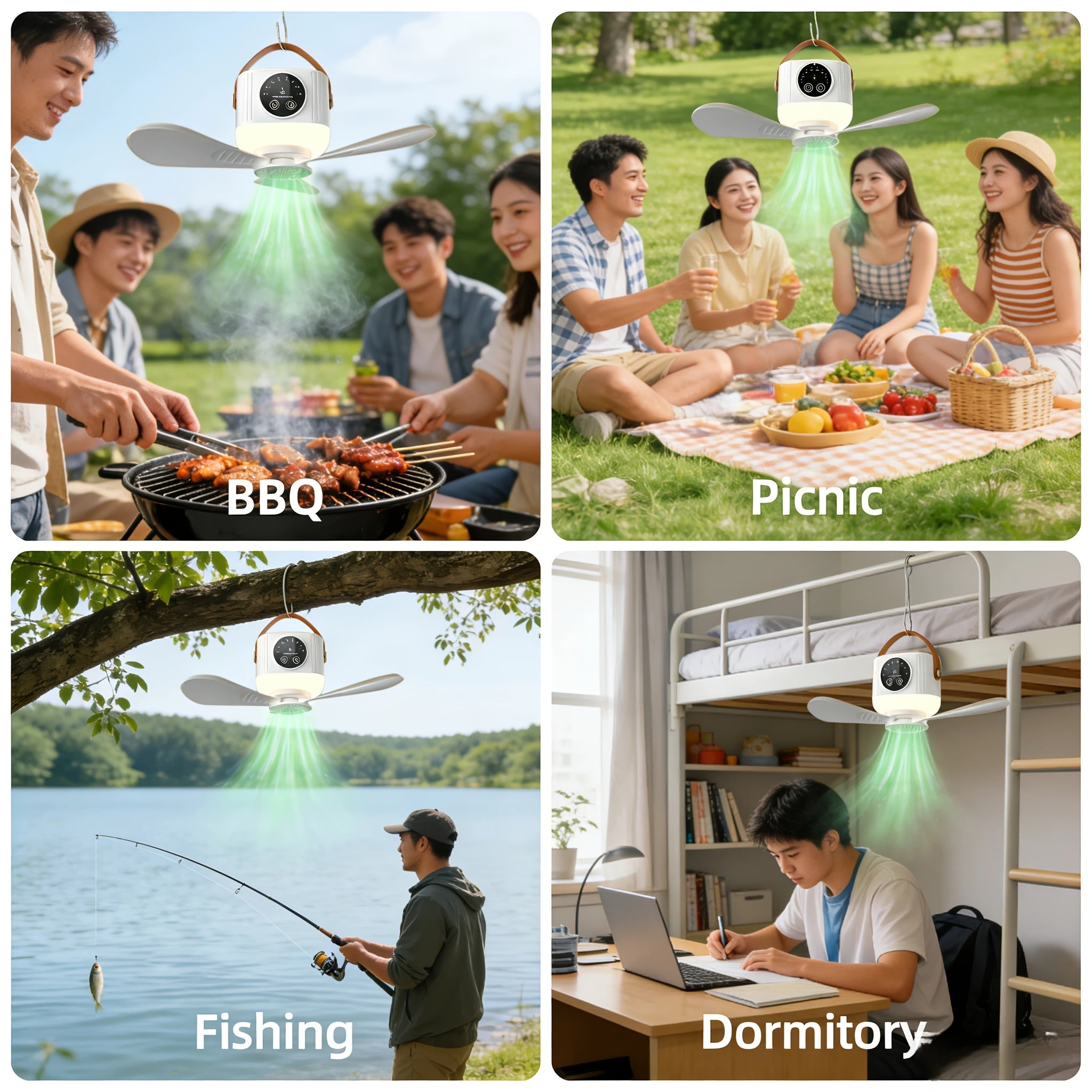 Portable Remote Control Ceiling Fan with Light, Rechargeable Camping Fan, Wireless Tent Fan, 4 Speed Levels, Timing Function, Battery Powered, Perfect for RV, Truck, Rooftop Tent, Travel and Camping