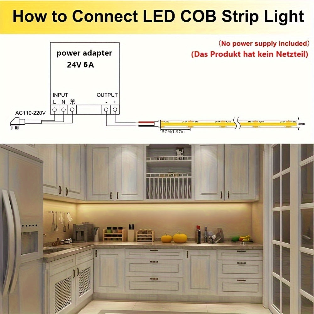 1 16.55英尺/5公尺 COB燈條，320顆LED，12V/24V PVC燈帶，90+色彩表現指數可調，8mm LED照明，適用於居家、舞台、背光，包含DC連接器（不含電源供應器），不含電池