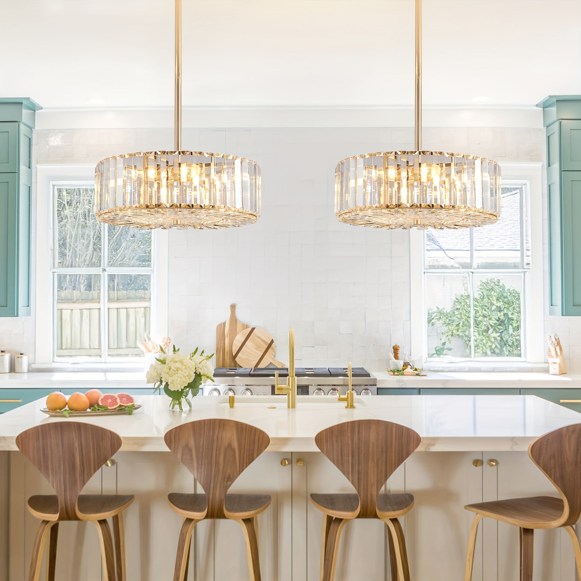 Modern four-light drum pendant light, suitable for dining room, living room or kitchen island