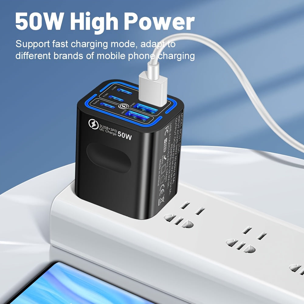 50W Type-C Fast Charging Mobile Phone Charger with C-C Cable | 6-Port PD USB C + QC 3.0 Multi-Port Wall-Mounted Multi-Device Fast Charging Plug, Portable and Compact, Compatible with for iphone 17/16/15/14/13/12 Pro Max, iPad, Galaxy, Xiaomi