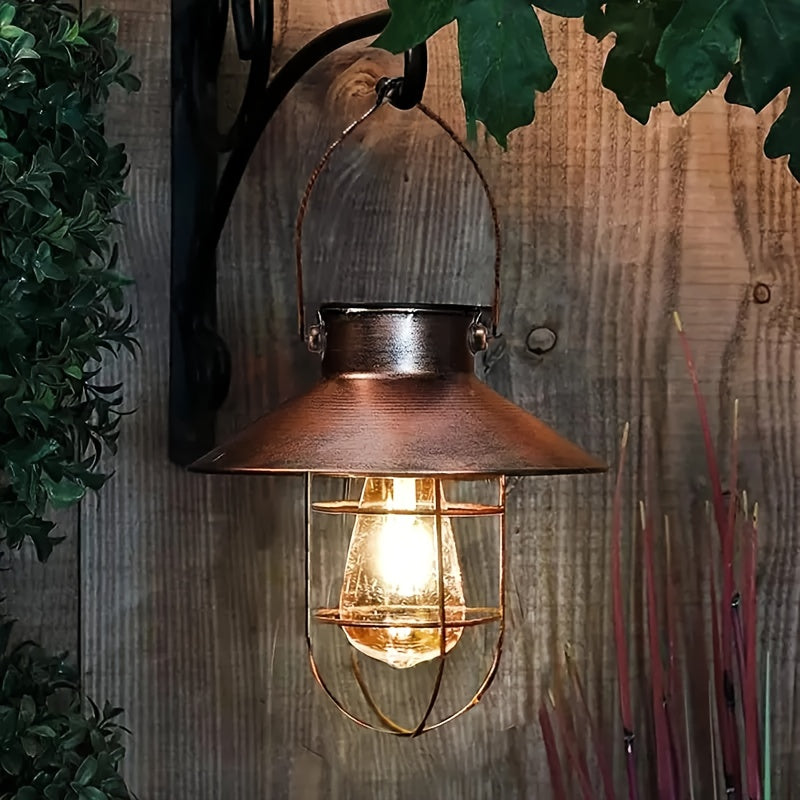 Solar portable hanging light, copper metal Edison warm light bulb, courtyard, patio, porch, pathway lighting, Halloween, Christmas holiday decorative gift, vintage outdoor decorative light