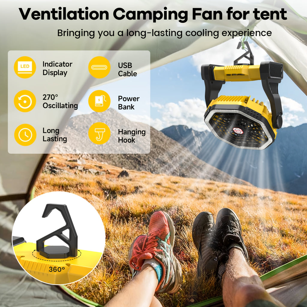 Portable Camping Fan with LED Light, USB Rechargeable, 4 Speed Adjustable, with Hook, for Picnic, BBQ, Fishing, Travel, Home, Tent