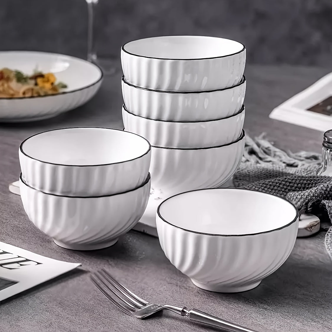 Set of 4 Ceramic Rice Bowls – Handmade Crescent Ceramic Bowl, Under-Glaze Color, Japanese Rice Bowl, Small Dessert Bowl