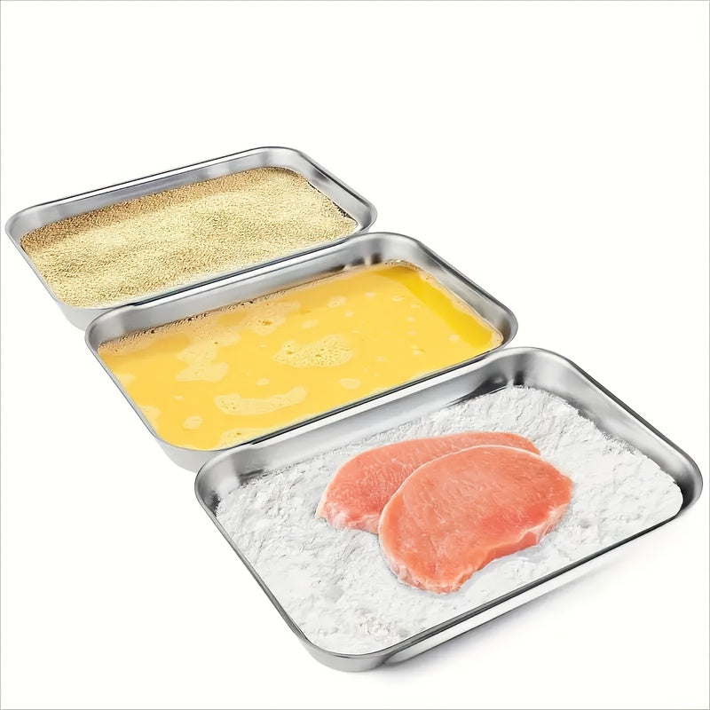Stainless Steel Bread Tray Set of 3, Kimchi Plate, Oven-Safe Heat-Resistant Pan, Tray for Dipping Flour for Fried Foods, Thick Durable Material, Dip Tray, Cake Baking, Kitchen Storage, Kitchen Accessories, Kitchen Gadgets, Kitchen Supplies