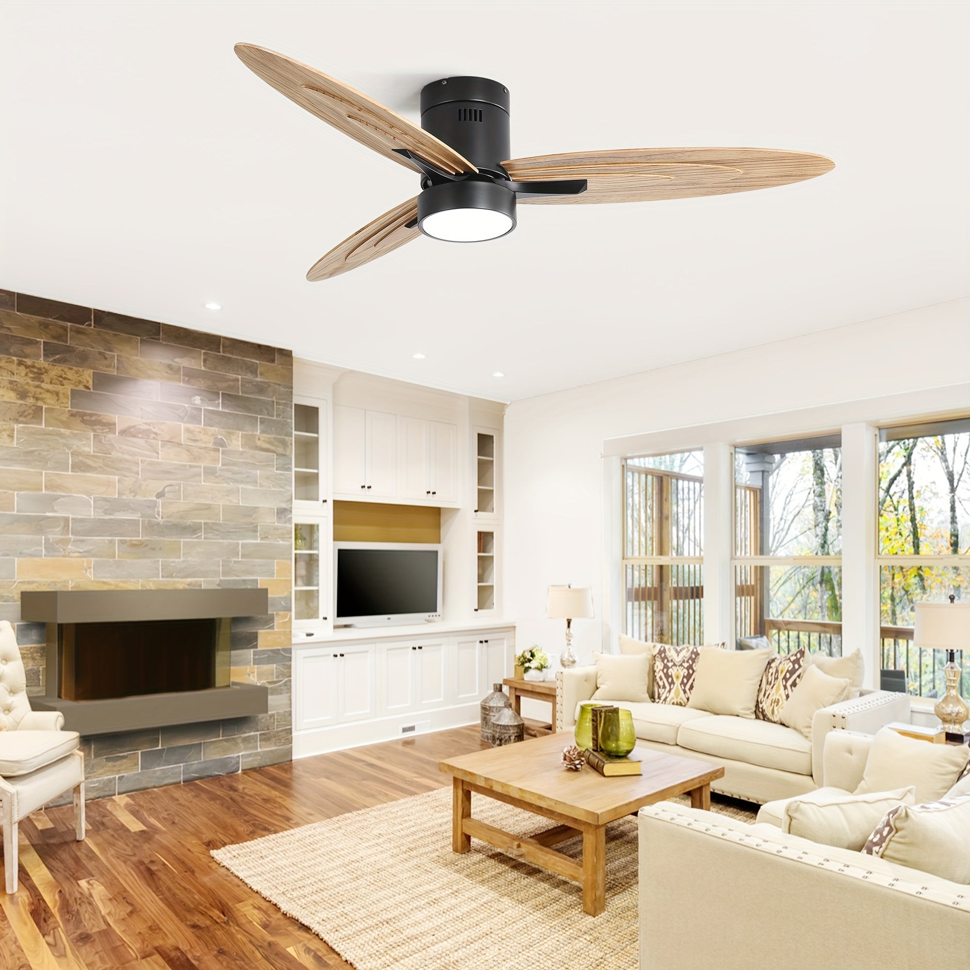 Sofucor New 56" Black Ceiling Fan with Light & 3 Solid Wood Blades, Remote Control for Living Room, Patio & Dining Room