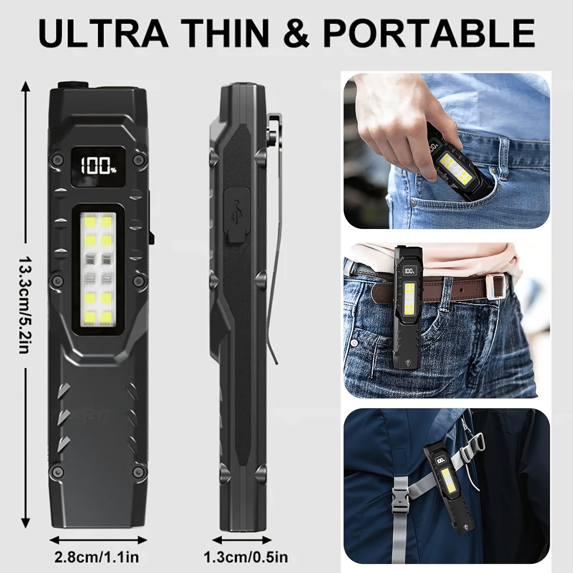 Clip-On Rechargeable Flashlight, Smart Digital Display Battery Level, Side Light & UV Mode, Long Press Strobe, Multi-Mode Dimmable, Compact Portable, Ideal for Home Workshop Daily Use