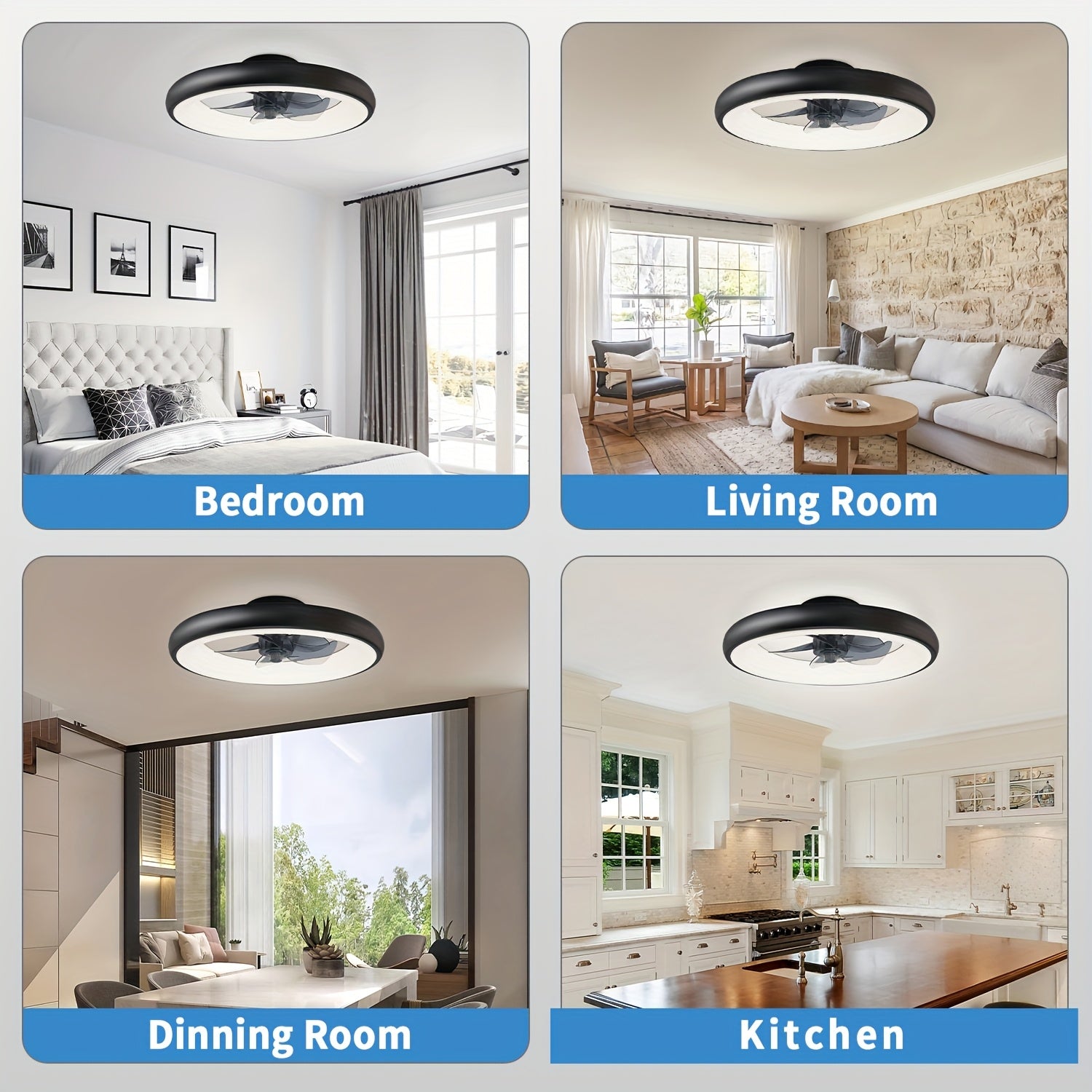 Low Profile Remote Control Ceiling Fan with Light, 20 Inch Flush Mount, 3000K-6500K Smart Bladeless LED Fan Light, Black Modern Ceiling Fan for Bedroom