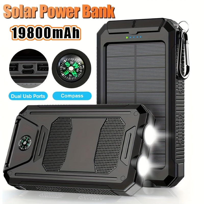 Portable Solar Mobile Phone Charger, Camping External Battery Charger for Mobile Phones, 2 USB/ LED Flashlights with Compass for Outdoor Activities, 19800/ 29800mAh Portable Solar Power Bank, the Best Gift for Festival