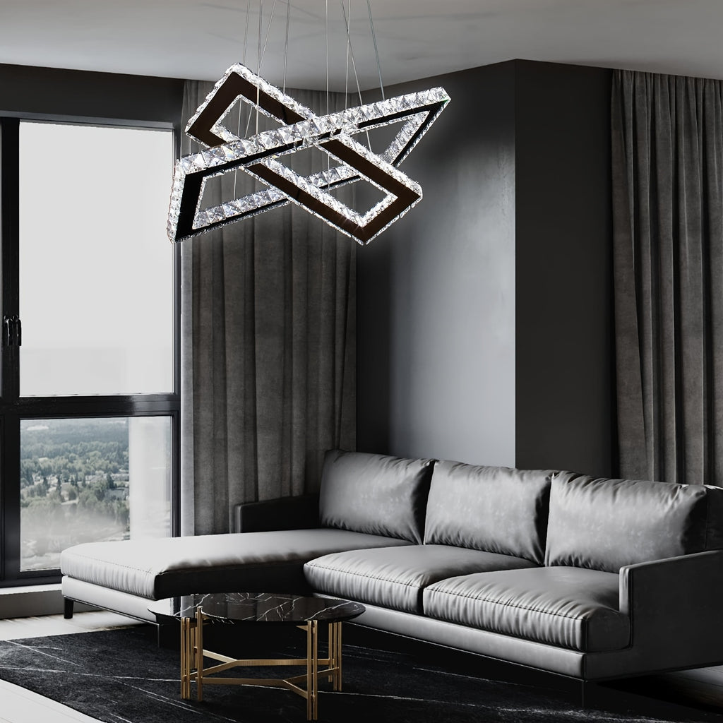 Modern pendant light with remote control, 20.5-inch LED dimmable 2-ring rectangular crystal chandelier adjustable height, dining room kitchen living room island light pendant light