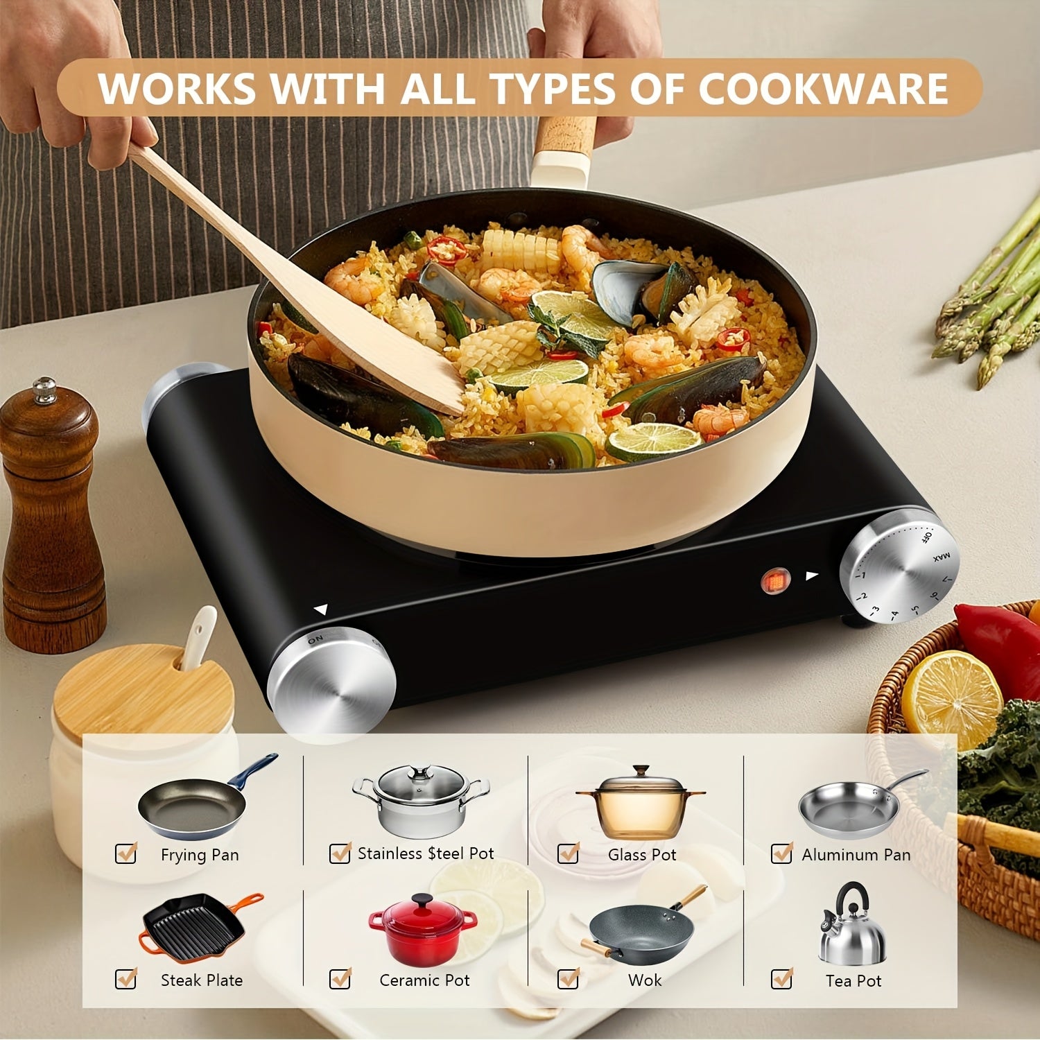 Electric Hot Plate for Cooking, 1500W Stainless Steel Single Burner with Temperature Control, Heats in Seconds, Perfect for RV / Home / Camping