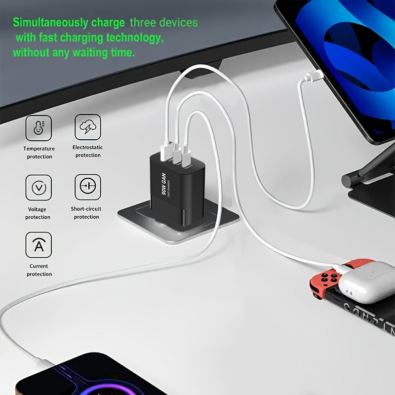 90W 3-port Fast Charging USB-C Charger, American Plug, Portable Charging Set