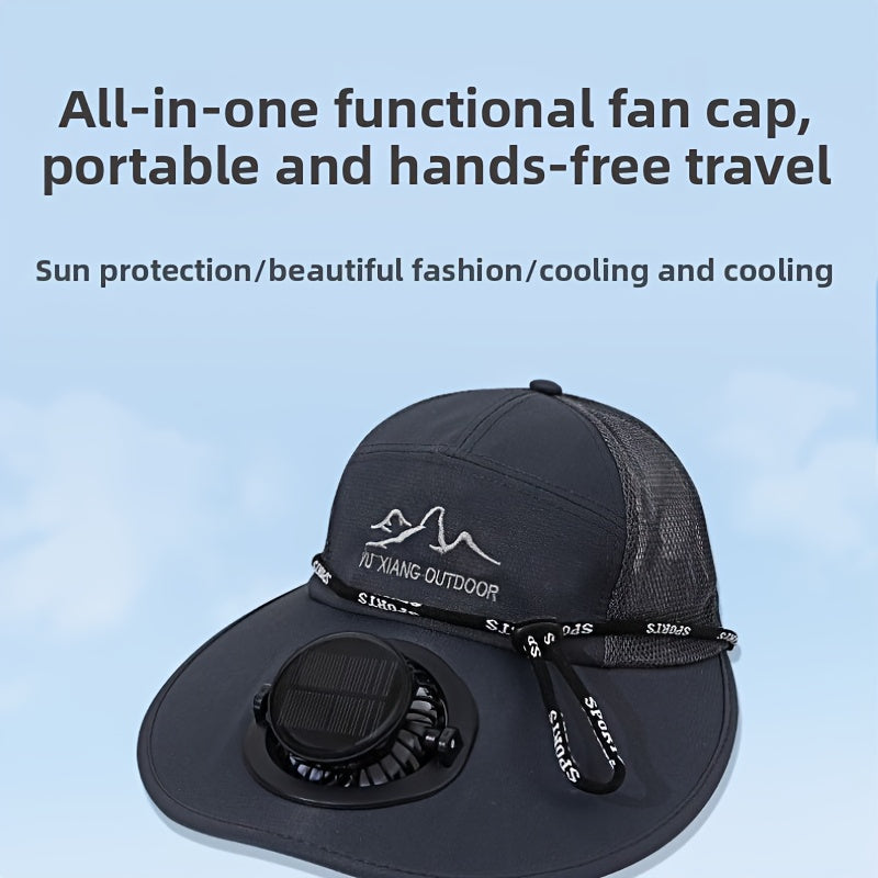 Wide Brim Solar Fan Sun Hat, Outdoor Leisure Hiking Hat, Adjustable Head Circumference Fits All Sizes. Built-in solar panel converts sunlight into electricity to drive the internal fan for continuous airflow