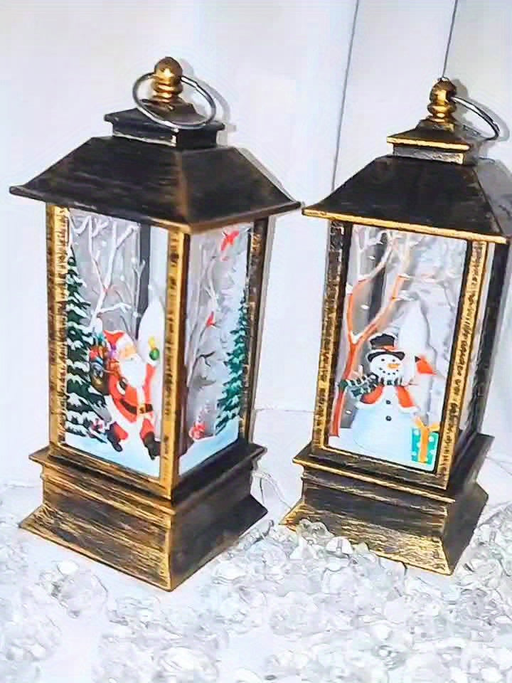 2件圣诞老人和雪人图案装饰品，迷你油灯LED仿真闪烁蜡烛灯笼 - 适合14岁以上使用