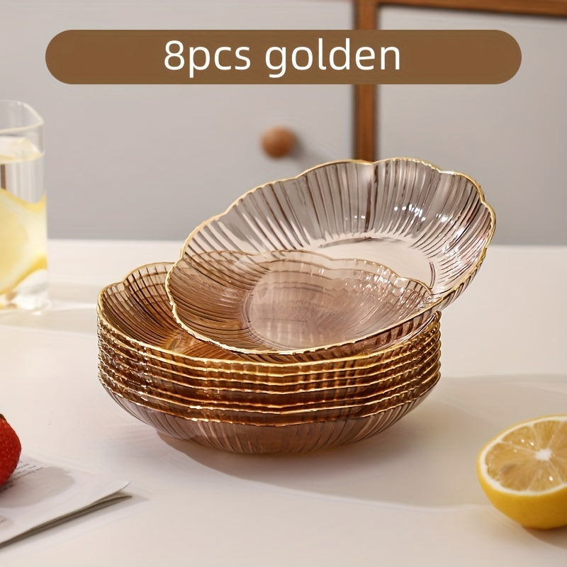 8-Piece Set Plastic Gold Rim Flower Plate, Trash Plate, Bone Plate, Fruit Plate, Dessert Plate, Cake Plate, Snack Plate, Breakfast Plate – Kitchen Supplies