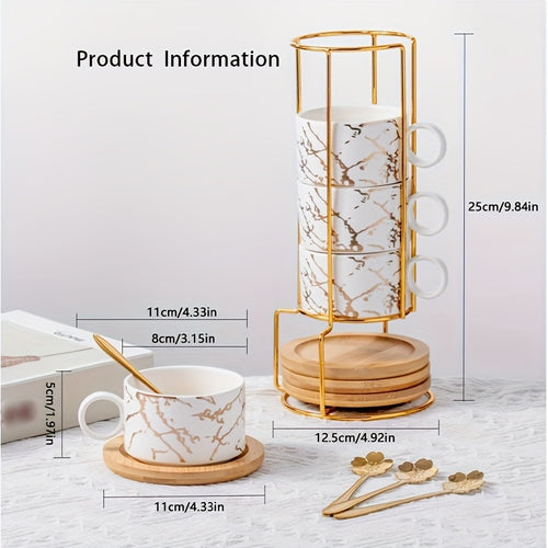 180ml Ceramic Coffee Cup Set, Black & White Four-Cup Marble Design with Saucers, Spoons & Gold Cup Stand