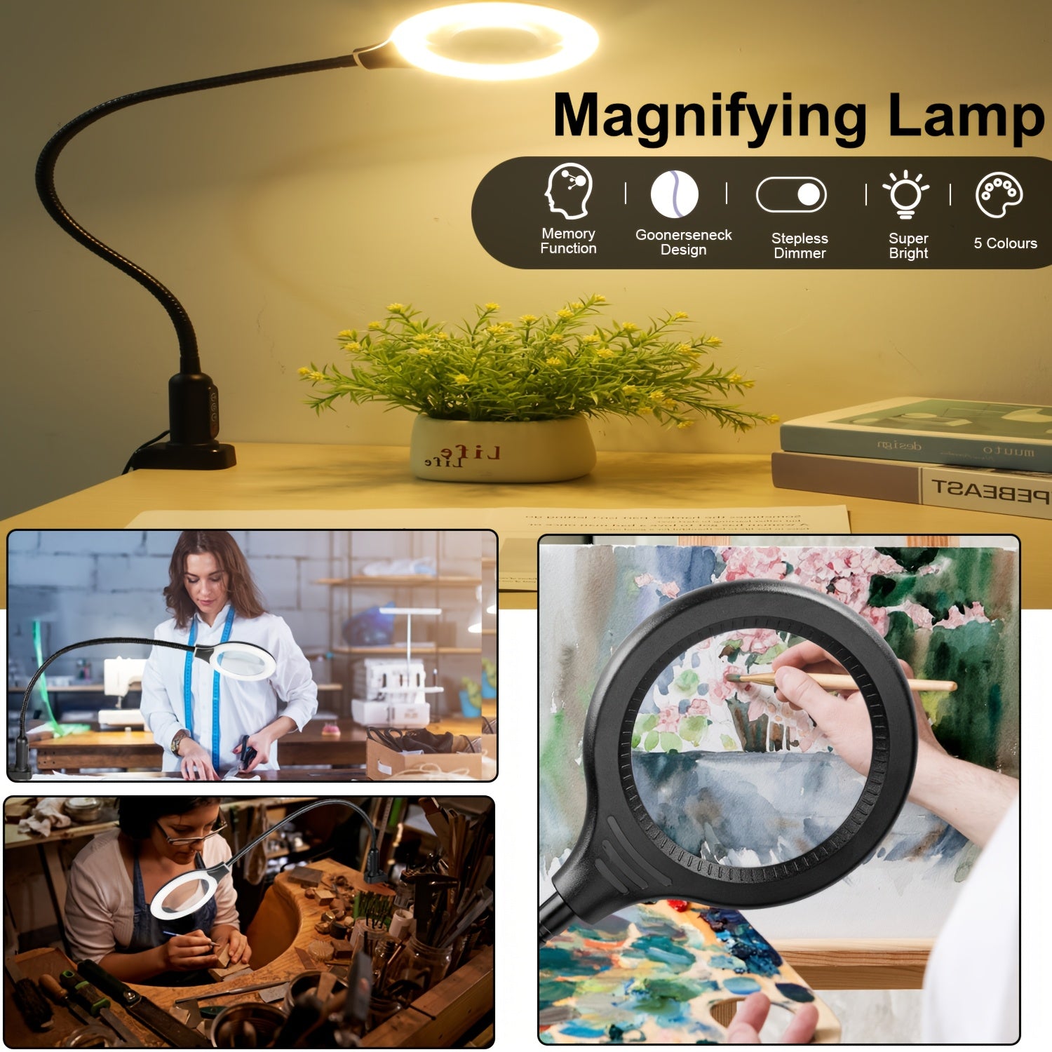 16-inch gooseneck arm, 10x magnifier lamp, adjustable swivel device with clamp, 5 light colors stepless dimming, 2-in-1 hands-free LED desk lamp, suitable for close-up work, office and other places