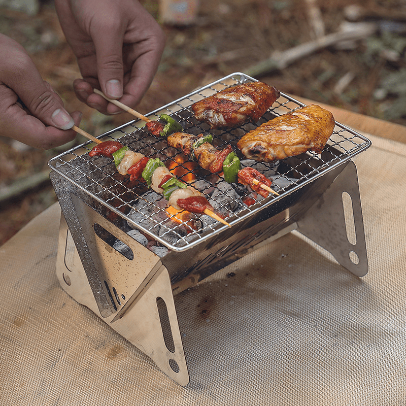 2-Piece Outdoor Foldable BBQ Grill, Stainless Steel Cassette Stove, Portable Charcoal Stove, Garden Party Camping Supplement. Includes 1 BBQ Grill + 1 Basting Brush/
