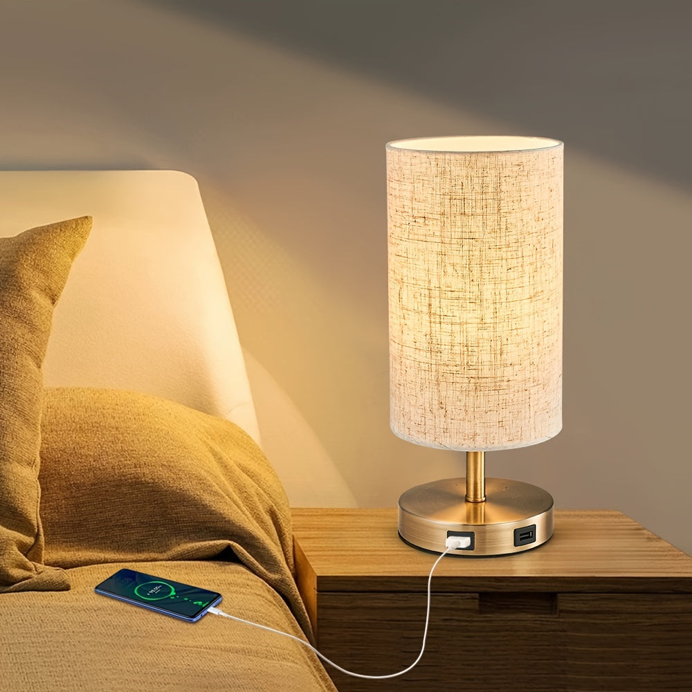 Antique bronze gold round linen table lamp, US plug, bulb included, touch three-step dimming, with in-line switch, with USB charging port, bedroom bedside lamp, office desk lamp, study desk lamp