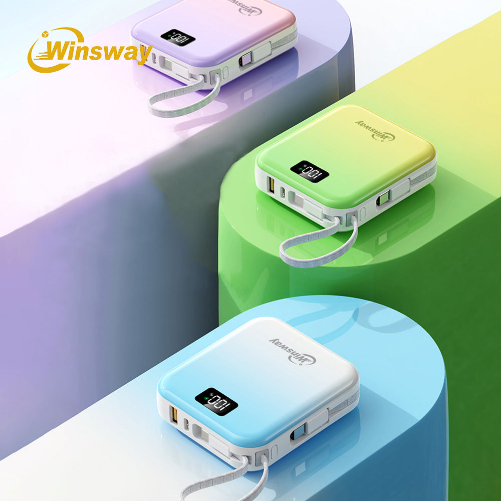 Winsway 10000mAh mini gradient color convenient mobile power bank, built-in USB-C cable, dual line 2-in-1, 22.5W fast charging portable charger, LED display screen, portable for boarding, outdoor travel, preferred gift giving