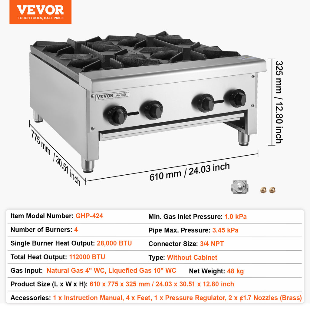 VEVOR Commercial Gas Stove, 1/4 Burner Countertop Cooking Hot Plate, Kitchen