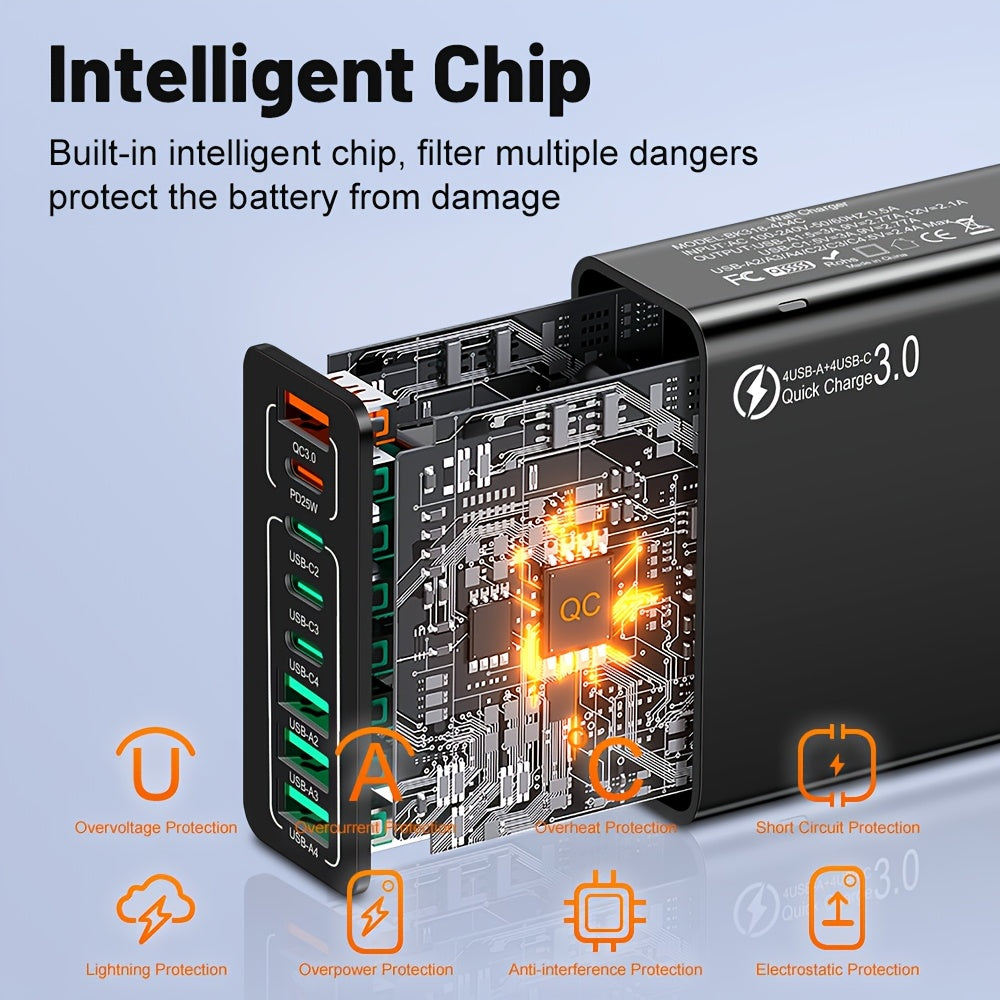 8-Port PD+QC 3.0 Fast Charger Set with Usb/Type-C, Including a Type-C to Type-C Cable. This High-Performance Charging Station Is a Reliable Power Adapter for Home Users And Workspace Additions