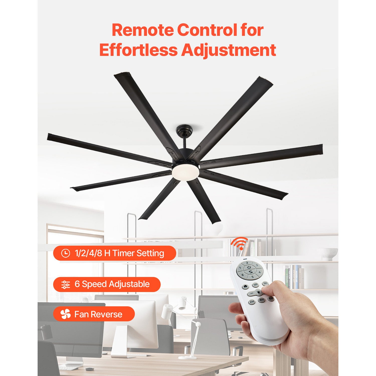 VEVOR 72/84 Inch Ceiling Fan with Light, 6-Speed Remote Control, Reversible Motor, Black