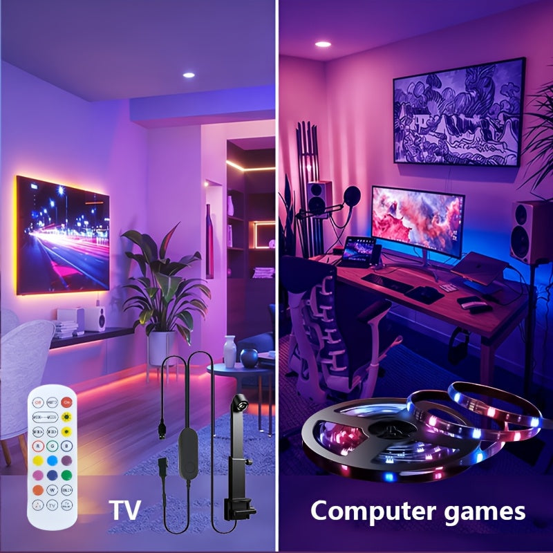 150inch USB智能LED灯带，带摄像头，适用于屏幕电视，电脑、大屏智能氛围灯带，舞台智能灯带，拾取屏幕色彩，LED条形灯与屏幕和音乐同步，遥控+线控