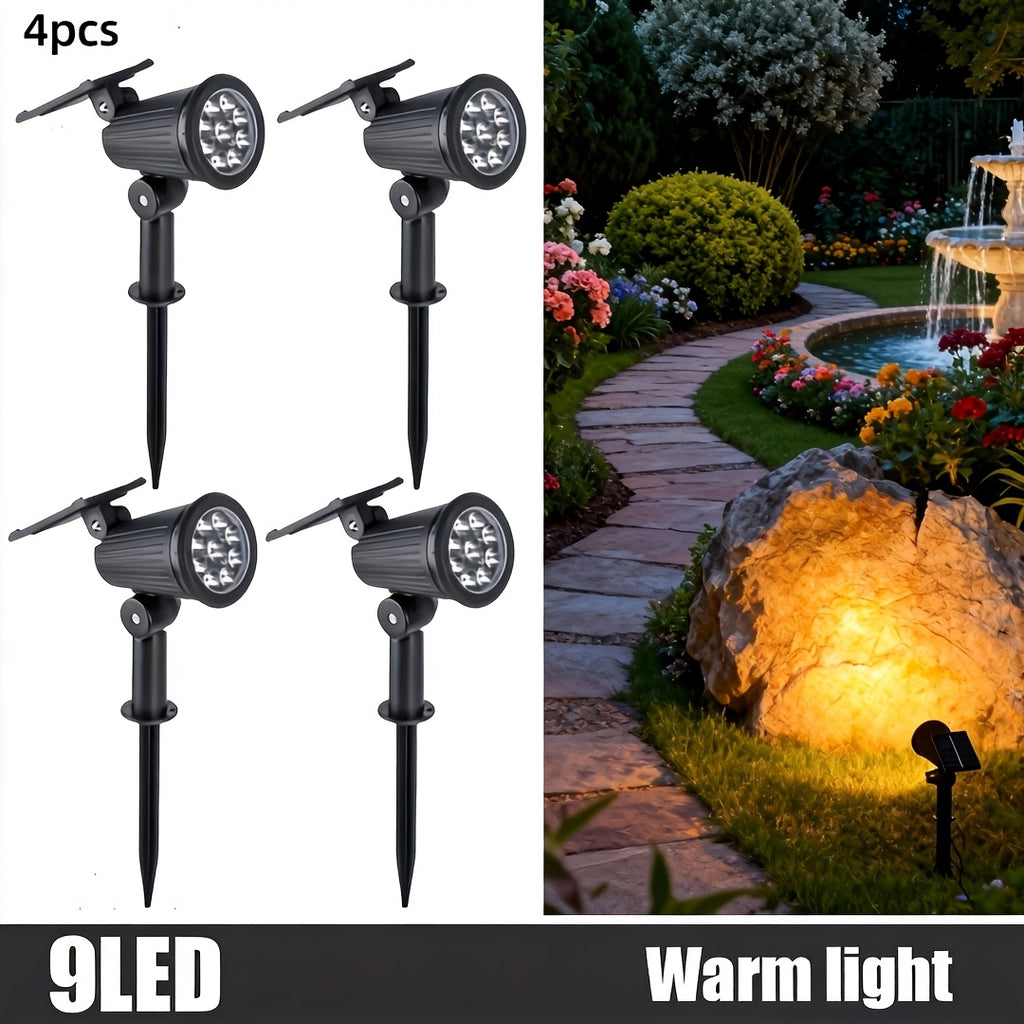 A set of 4 outdoor spotlight fixtures, featuring 9 LED solar lights, equipped with adjustable brightness and RGBW color-changing function. These landscape lights are easy to install, suitable for gardens, driveways, patios
