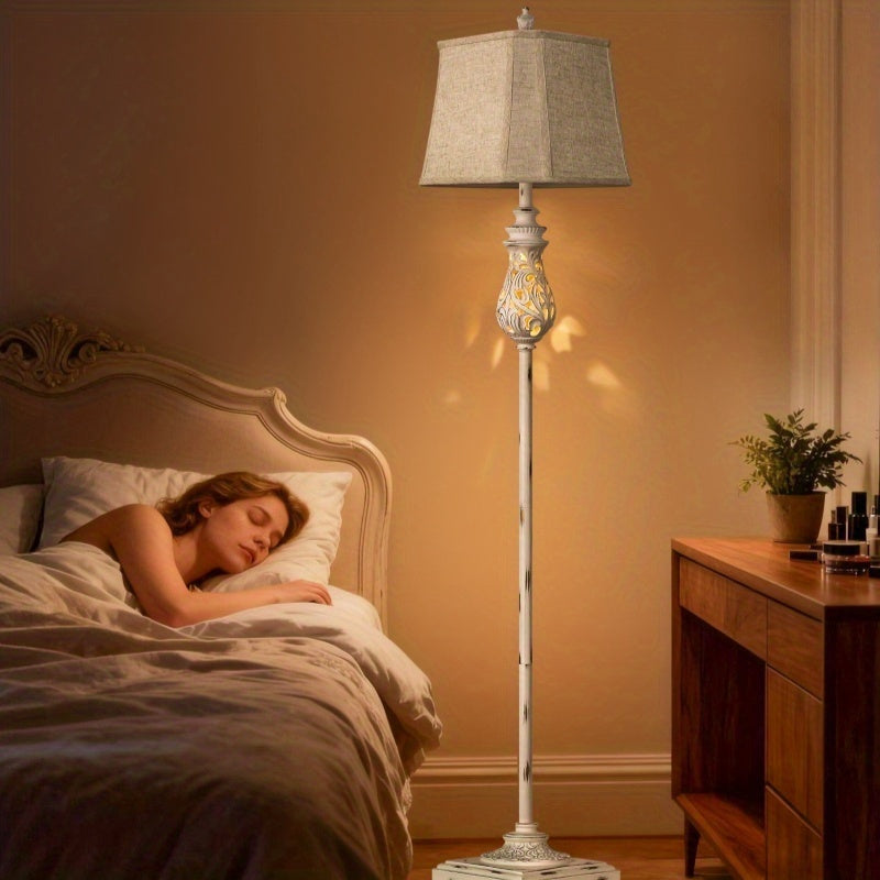 64-inch vintage floor lamp with night light function, three-level dimming rustic style tall standing lamp, with rotary switch and beige linen lampshade, suitable for living room, corner, bedroom and home decoration, white (bulb included)