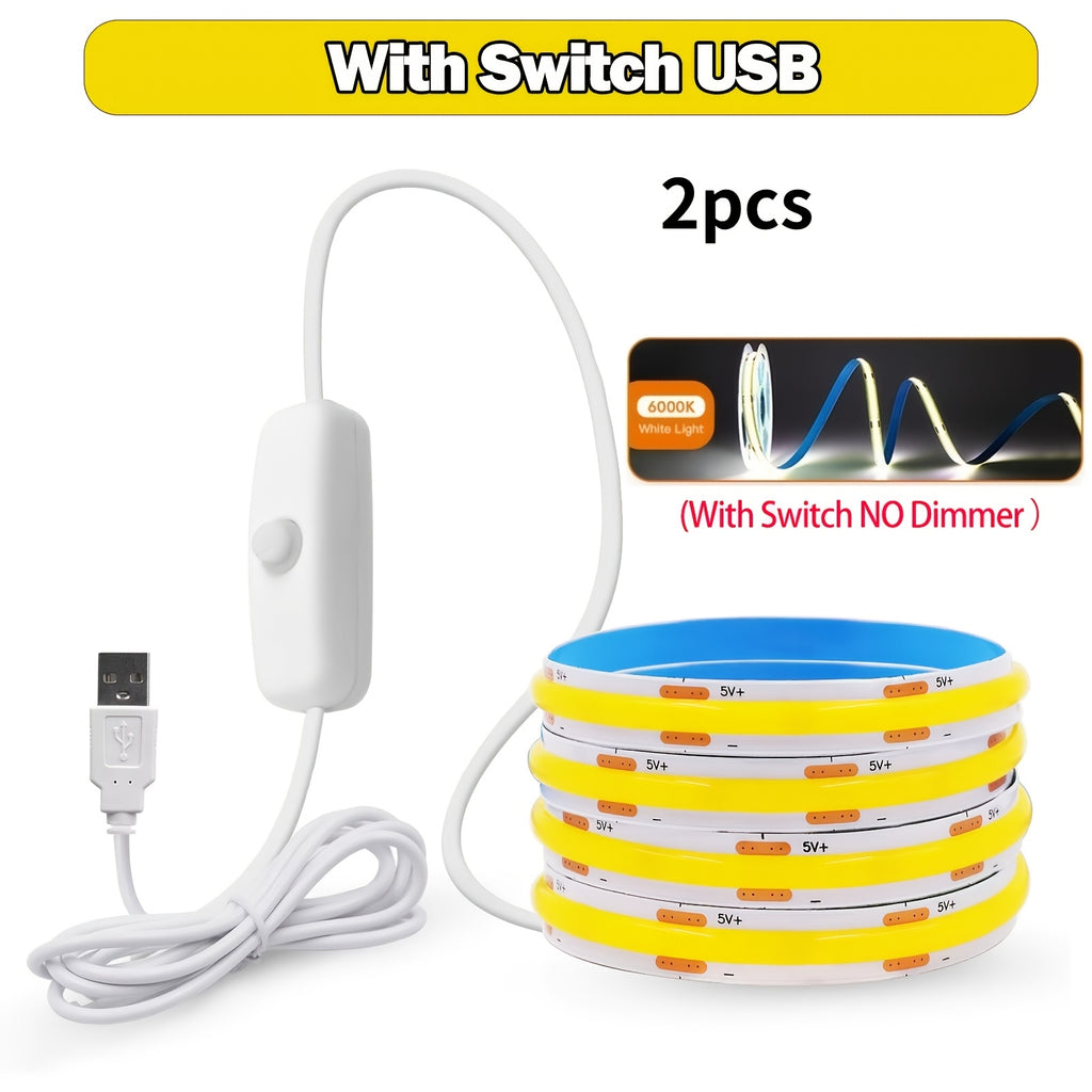 HOTU 2條裝超亮LED COB燈帶，直流5V USB供電，可自由彎曲，節能省電，適用於客廳牆面裝飾補光及背光的多場景照明