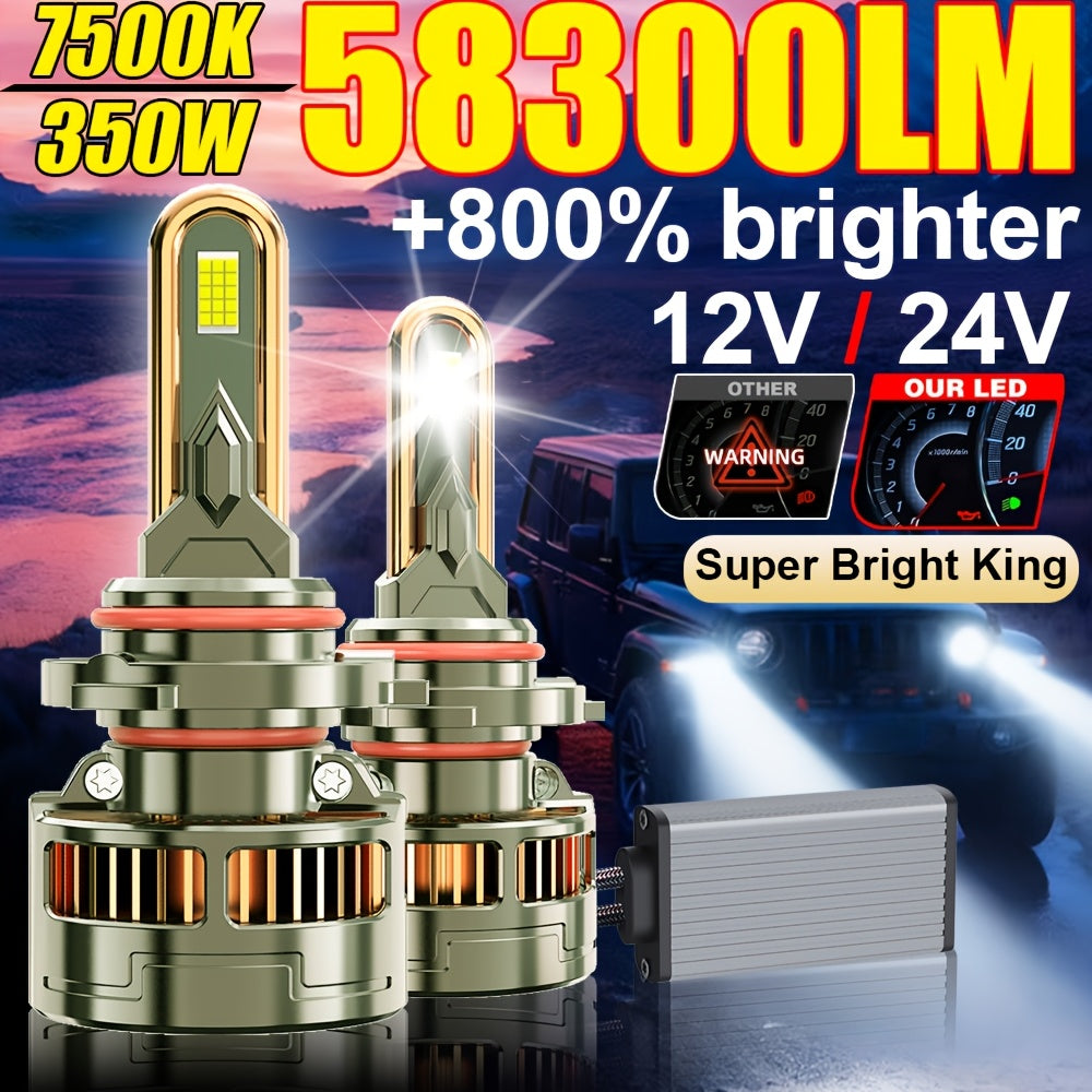 2PCS LED Headlights, Plug-and-Play, Compatible with H1, H4/9003/HB2, H7/H18, H16/H11/H9/H8, 9005/HB3, 9006/HB4, 9012/HIR2, 7500K Color Temperature, 58300LM, 350W High Power, for Low Beam and High Beam Applications. A65