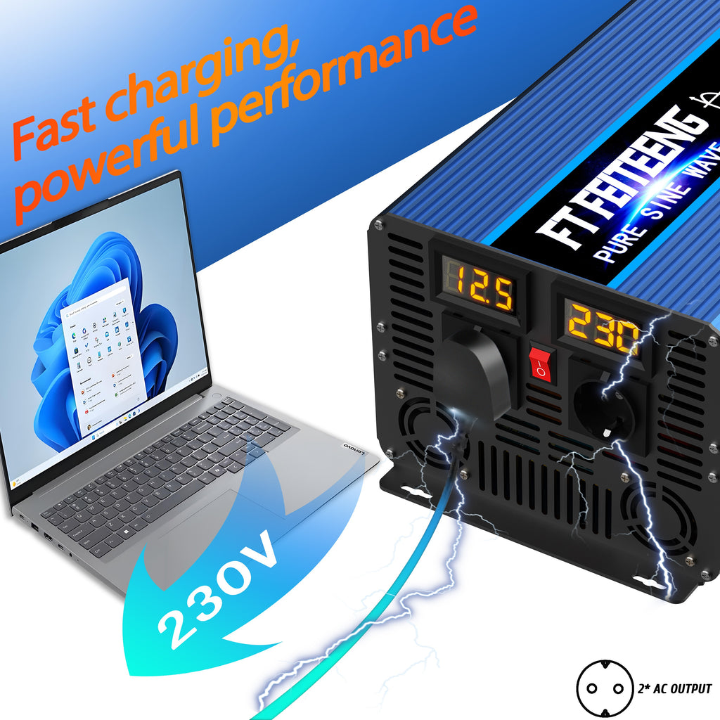 8000W峰值4000W持续高功率纯正弦波车载电源逆变器， 12V 转 AC 220V230V，高功率工业逆变器，适用于房车、户外露营、空调，带过载保护，无电池，适合手机、笔记本电脑及其他设备