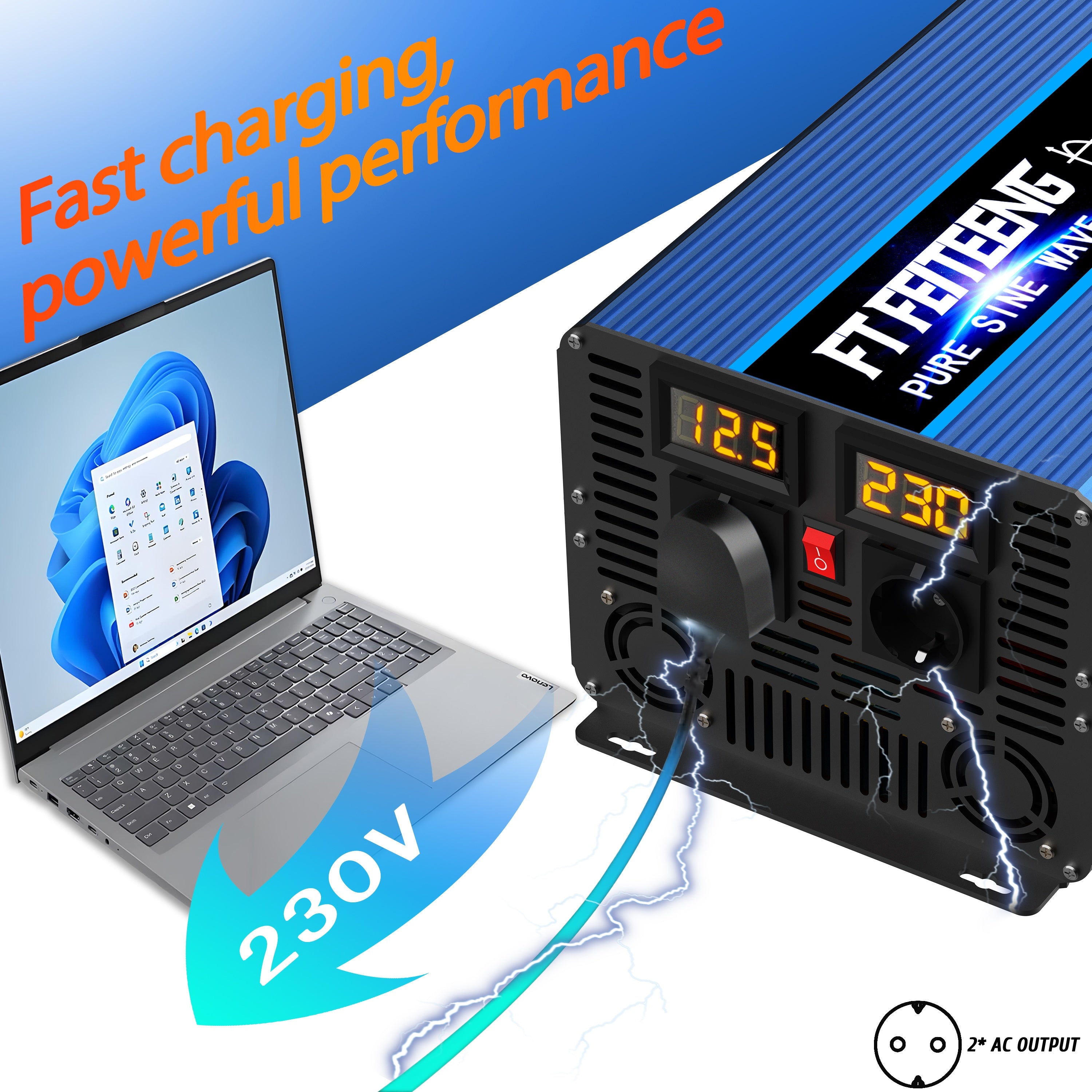 8000W峰值4000W持续高功率纯正弦波车载电源逆变器， 12V 转 AC 220V230V，高功率工业逆变器，适用于房车、户外露营、空调，带过载保护，无电池，适合手机、笔记本电脑及其他设备