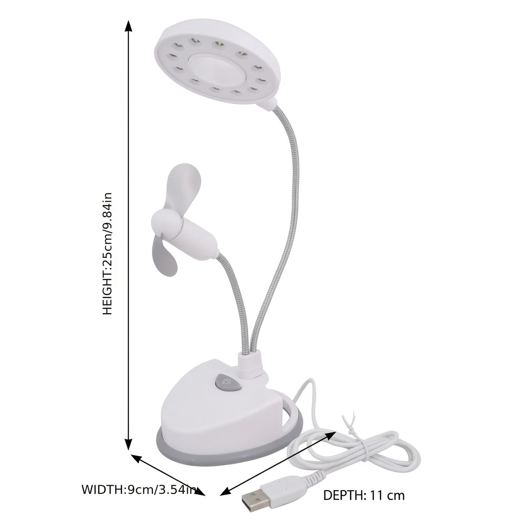 2-in-1 Portable Desk Lamp with Mini Fan, 12 LED Flexible Dual Gooseneck Table Light, Battery or USB Powered, Compact Desktop Accessory for Reading, Study, Office and Dormitory
