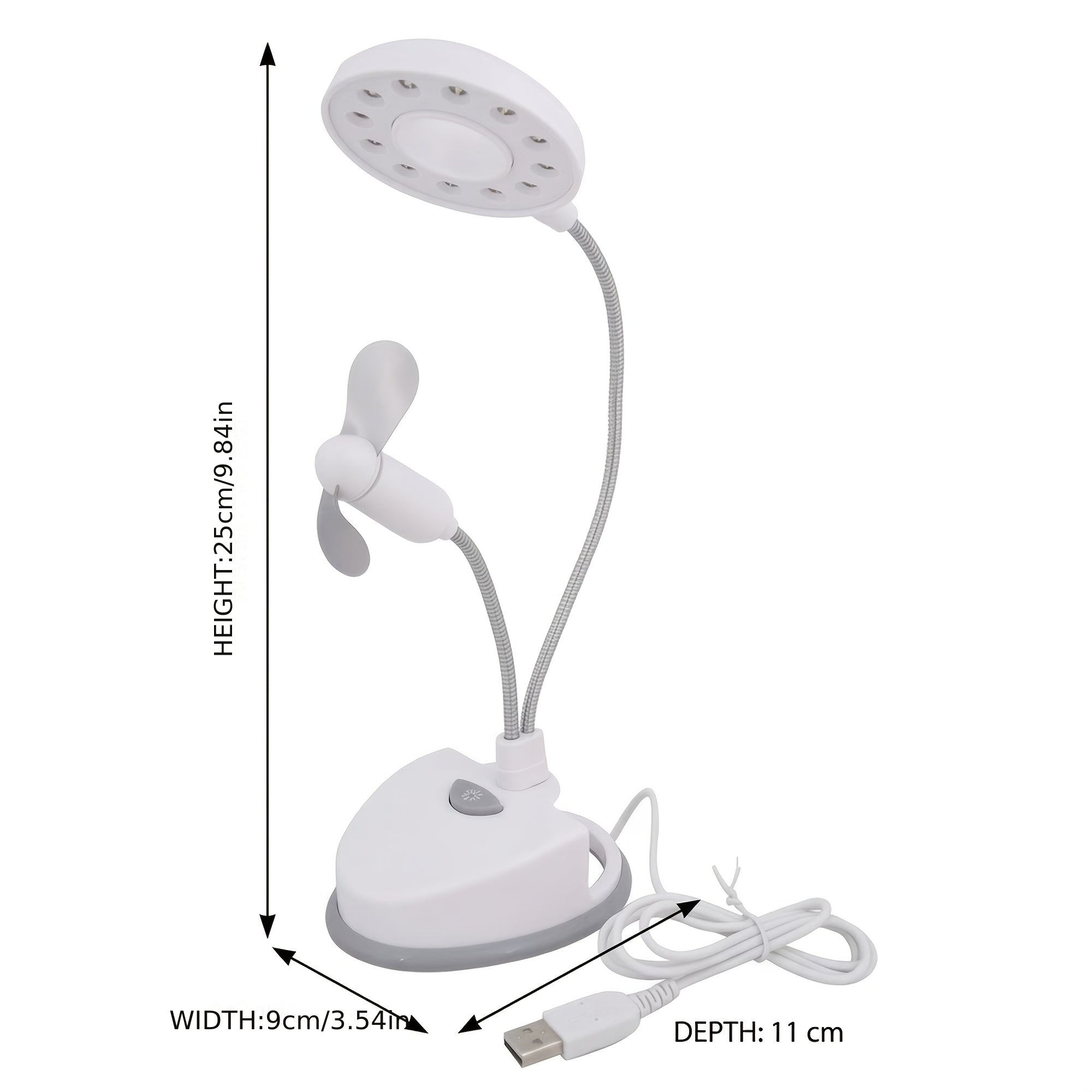 2-in-1 Portable Desk Lamp with Mini Fan, 12 LEDs Flexible Double Gooseneck Reading Lamp, Battery or USB Powered, Compact Desk Accessory for Office & Dorm