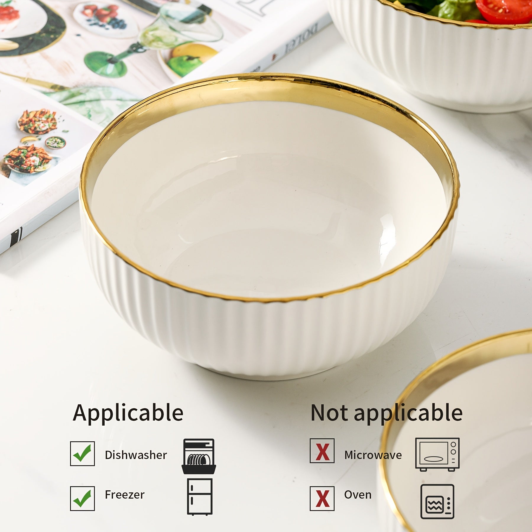 2-Piece Ceramic Bowl Set, 27oz Soup Bowl, 6-Inch, Gold Rim Striped Edge – Perfect for Salad, Cereal, Dessert, Rice & Pasta in the Kitchen