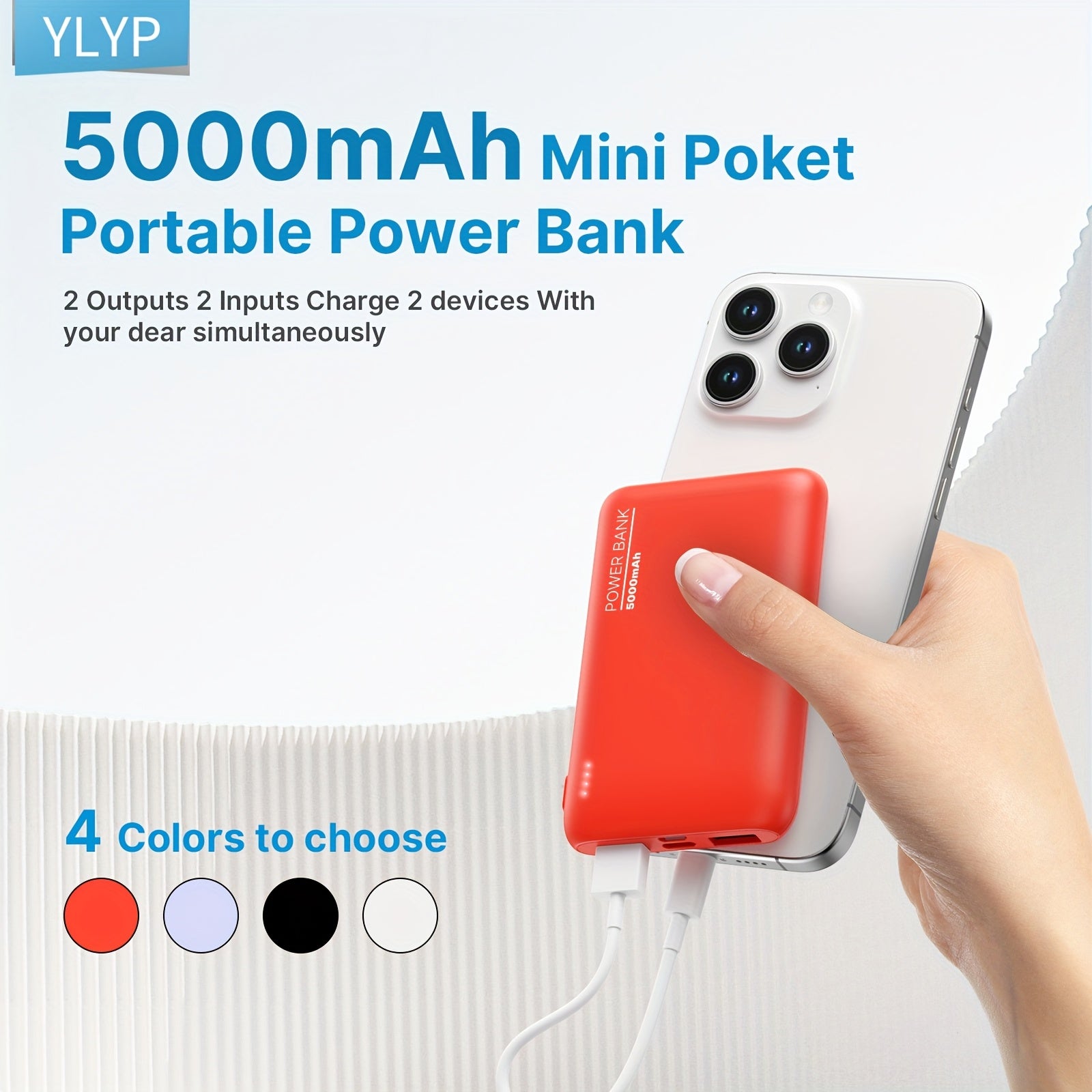 YLYP 1pc Ultra Slim 5000Mah Mini Pocket Portable Power Bank, with LED Light Display, Outdoor Emergency Backup Battery Pack, Dual Usb/Type-C/Micro Interface, Suitable for Iphone/Android Mobile Phone Digital Electronic Equipment, Holiday Gifts