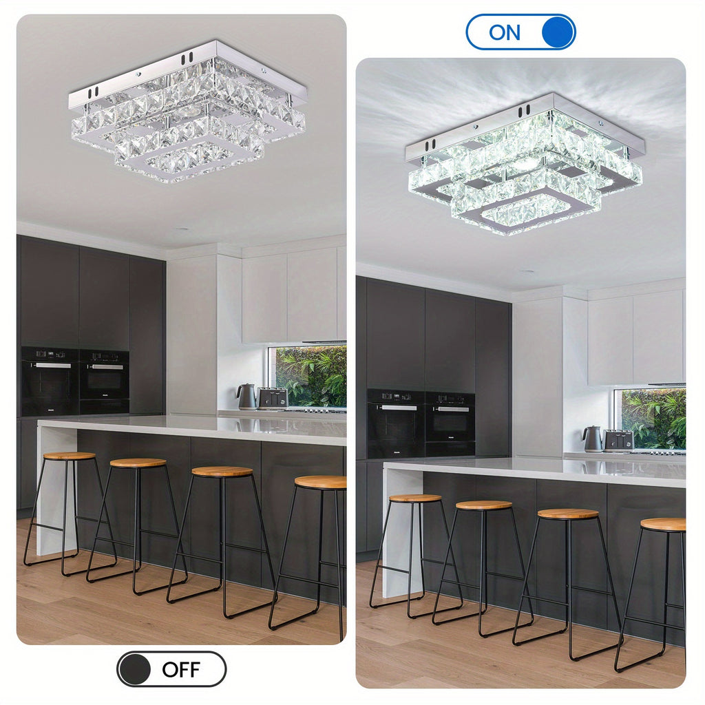 LED crystal ceiling light, modern recessed rectangular ceiling light, K9 stainless steel ceiling lighting fixture, chandelier, suitable for living room, bedroom, dining room (cool white light)