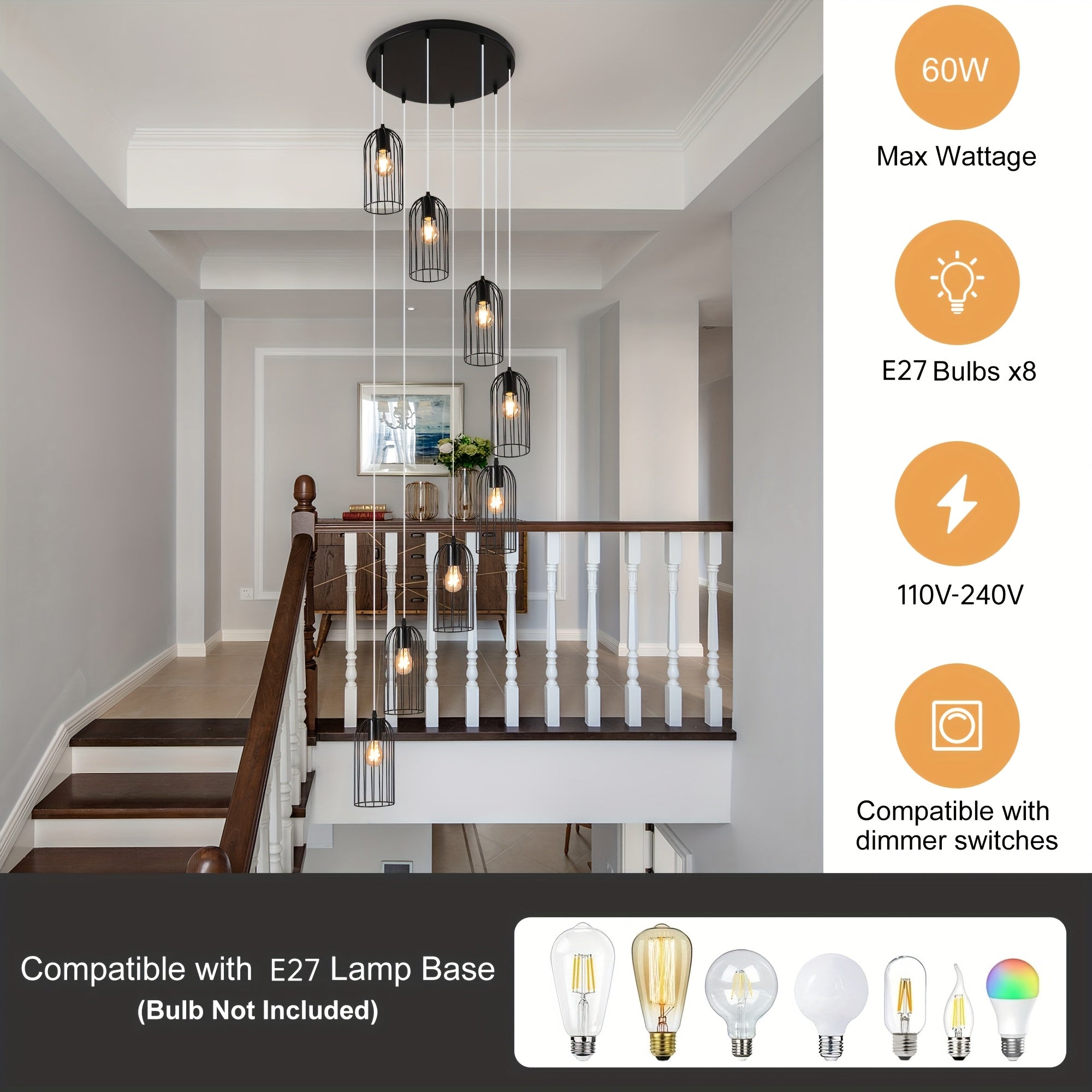 Modern staircase pendant light - extra long 114.2 inches (290 cm) hanging staircase light fixture, semi-flush mount or hanging, hardwired, no battery needed, suitable for large staircases, living rooms, foyers, villas - modern home lighting