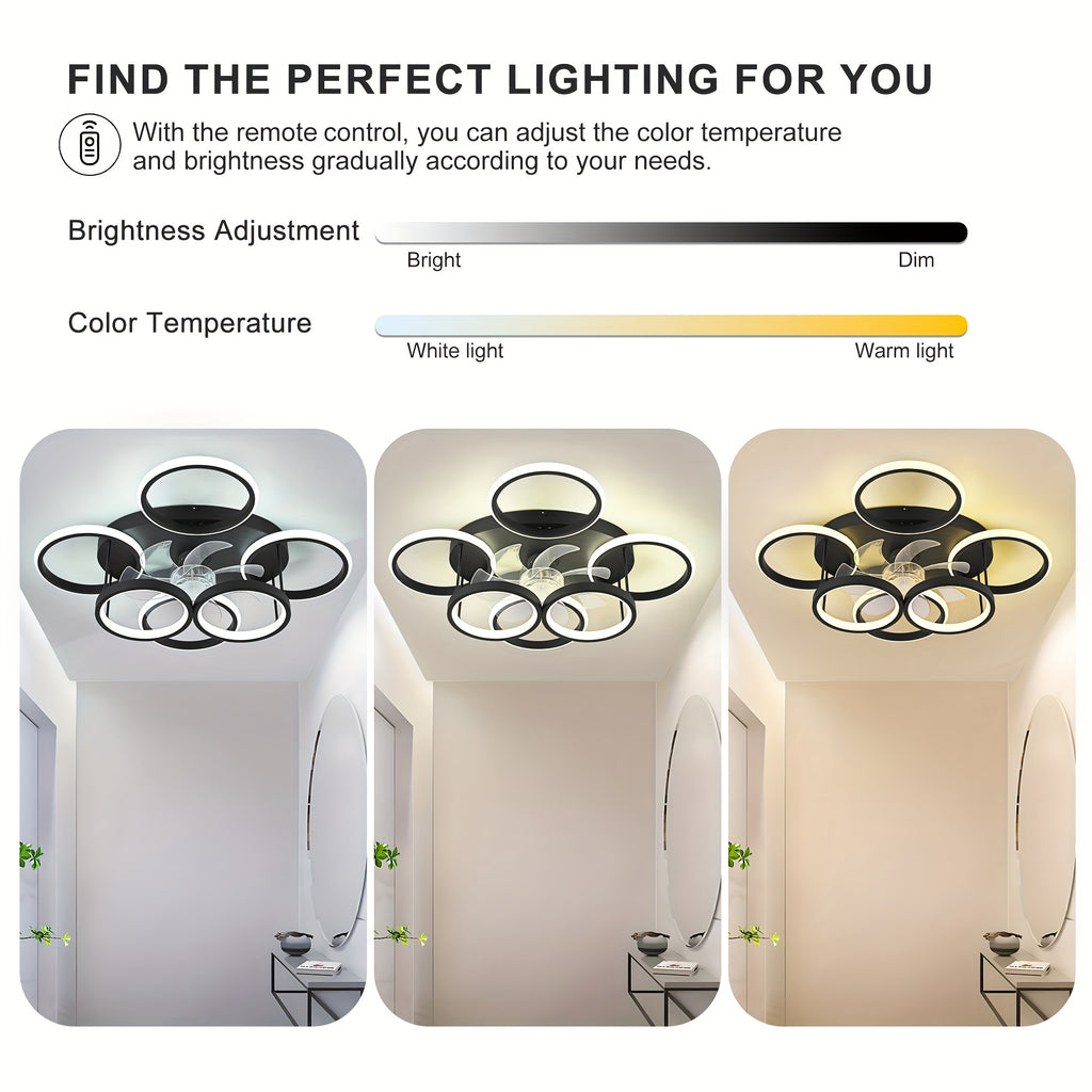 Qcyuui Modern Fan Light - Remote Dimmable LED Light, Bladeless Design, Reversible Motor, 6-Speed Silent Fan, Remote Color Temperature/Dimming, Semi-Flush Mount (24.8 Inch Black), for Living Room, Dining Room, Office