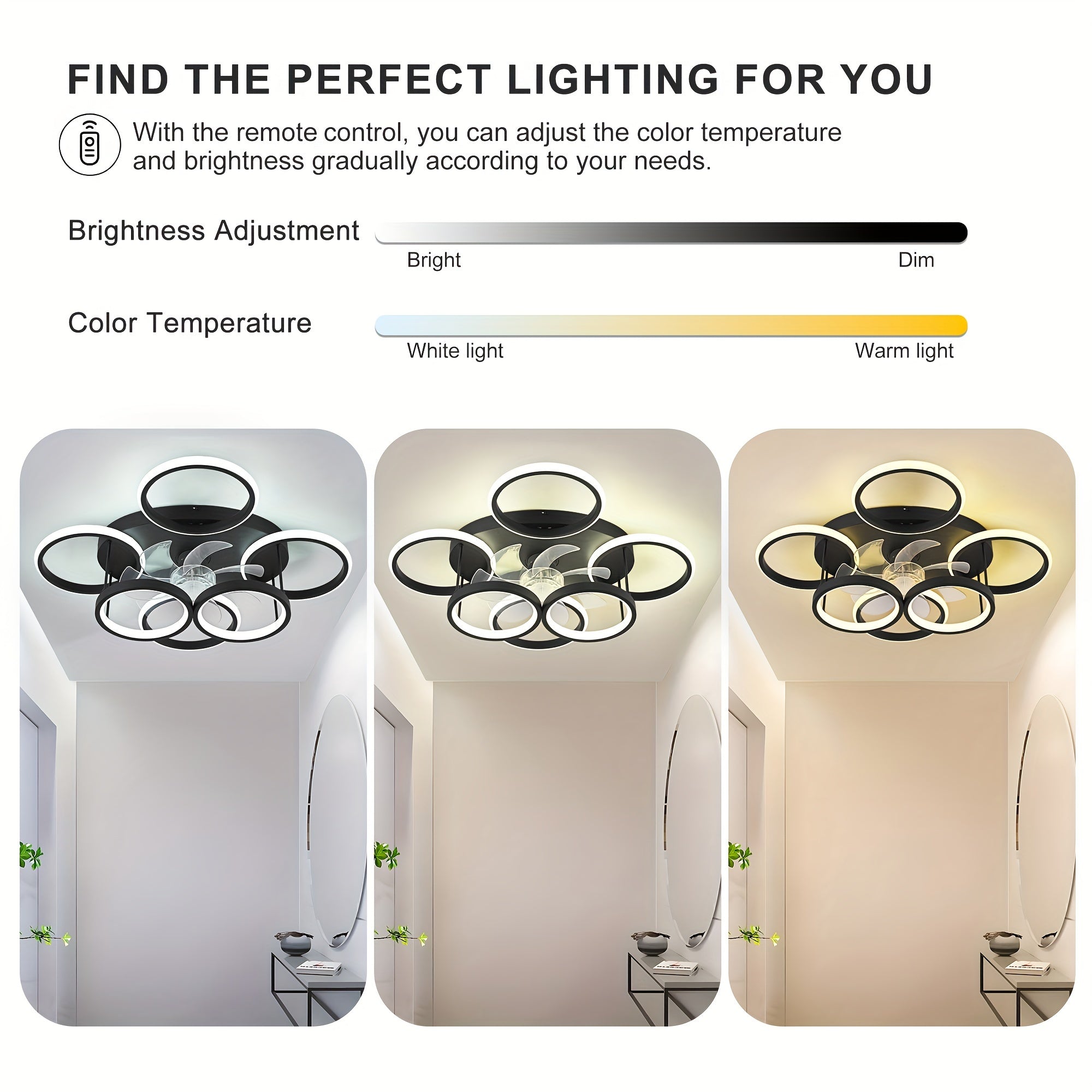Qcyuui Modern Fan Light - Remote Dimmable LED Light, Bladeless Design, Reversible Motor, 6-Speed Silent Fan, Remote Color Temperature/Dimming, Semi-Flush Mount (24.8 Inch Black), for Living Room, Dining Room, Office