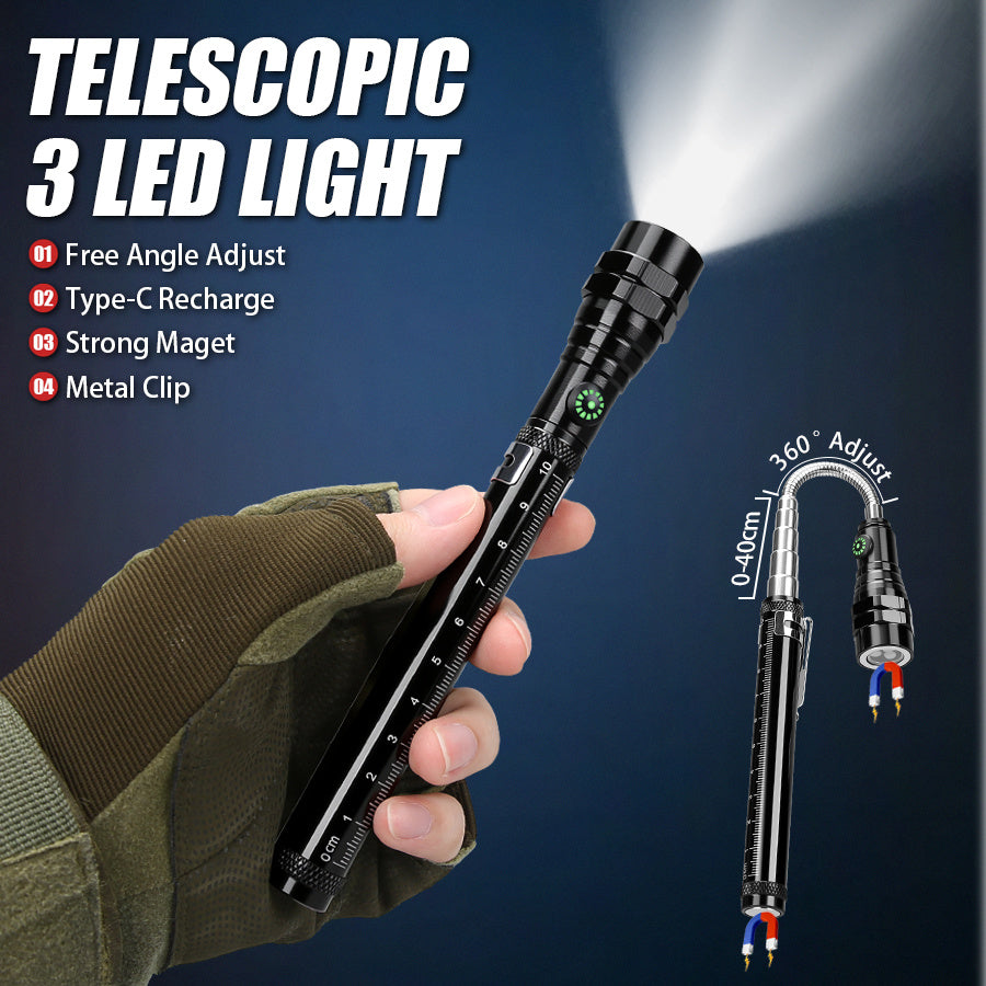 2025 New LED Flashlight, Telescopic Triple Lamp Head, Freely Adjustable Angle, Type-C Charging, Strong Magnetic Metal Clip, Super Bright Work Light Handheld Flashlight, Emergency Light with Scale Ruler