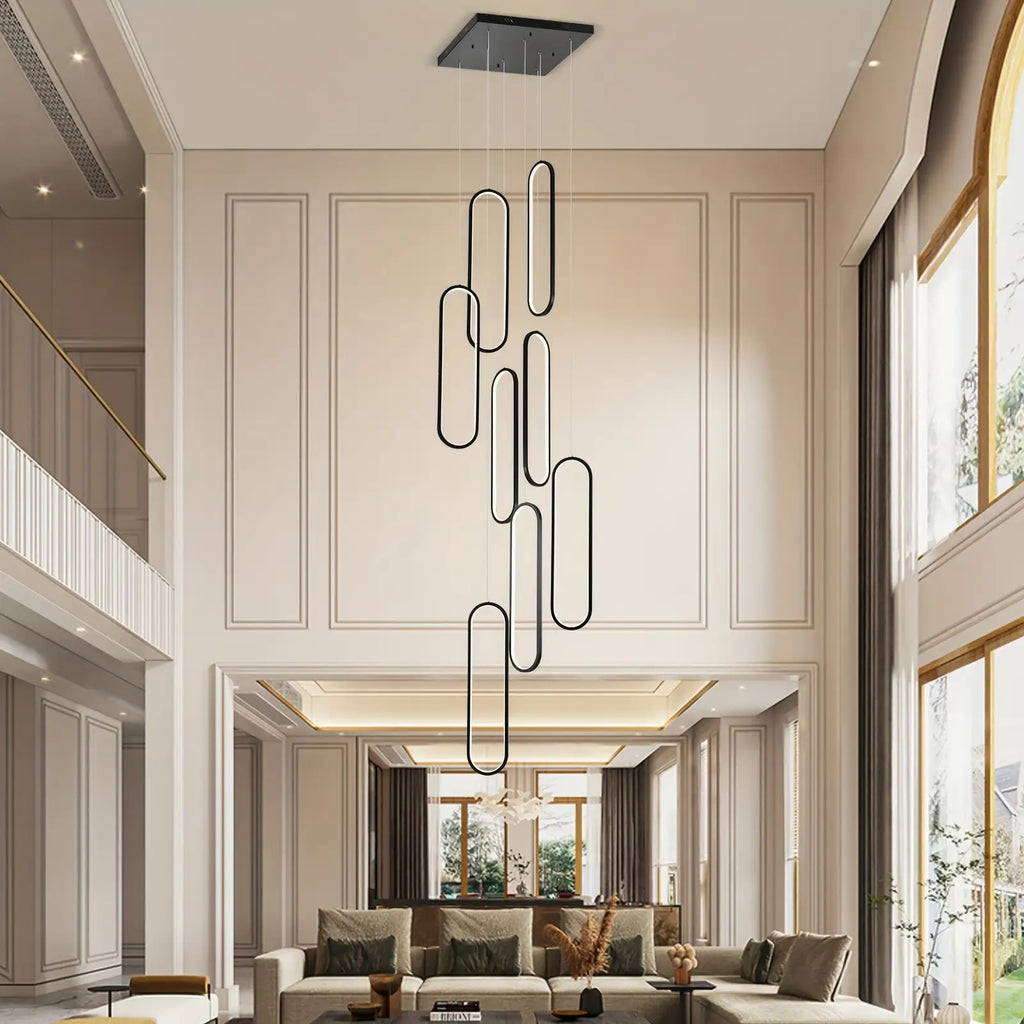 Modern 8-light large chandelier, suitable for high ceilings - dimmable LED hall pendant light with remote control, 3000K-6500K color temperature, semi-flush mount installation and hardwired infrared sensor, black metal staircase chandelier